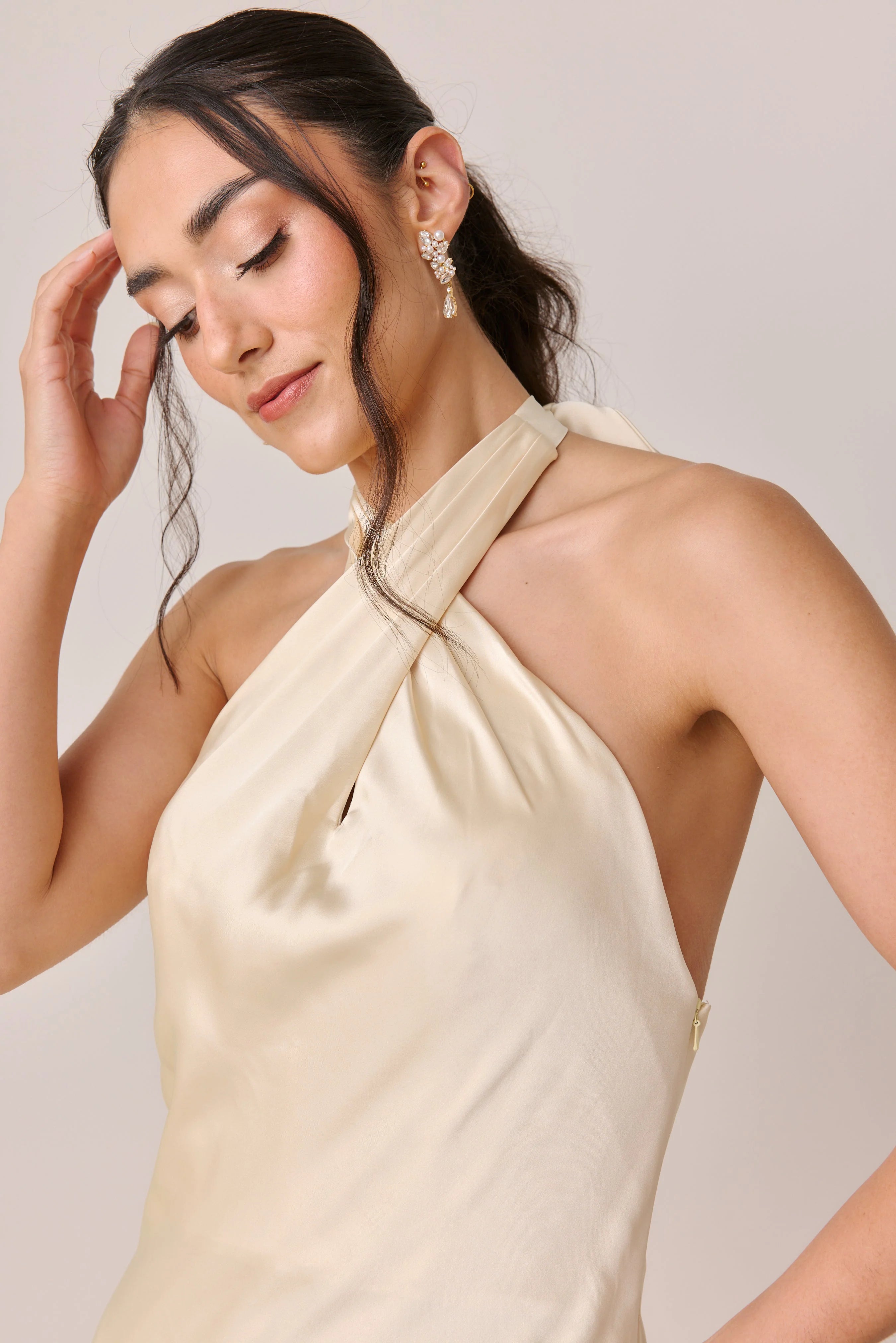 Luxurious Satin Halter Neck Tie Back Cutout Side Slit Floor-length Champagne Bridesmaid Dress