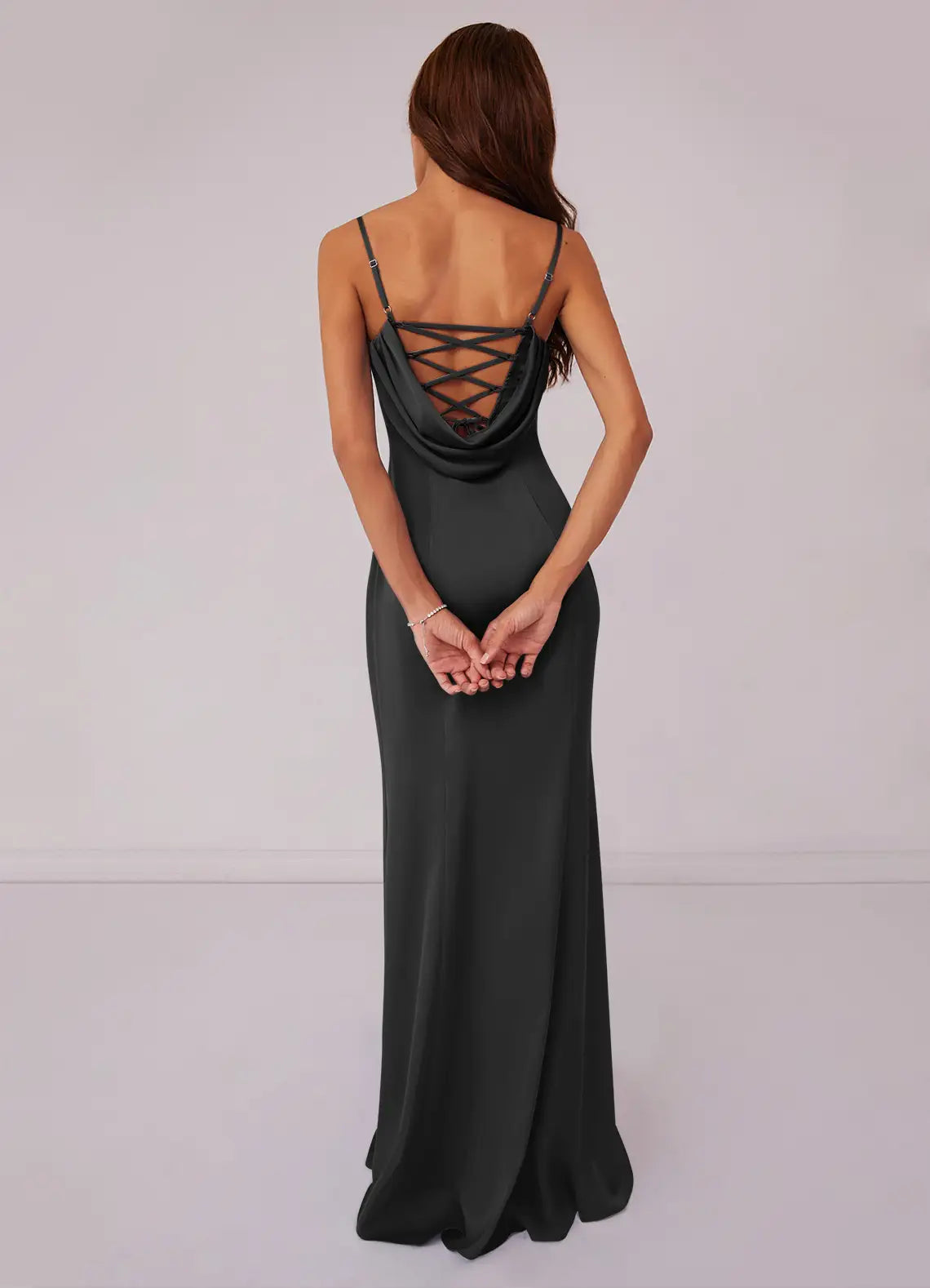 Luxury-satin-sheath-cowl-neck-spaghetti-strap-lace-up-back-floor-length-bridesmaid-dress-with-high-slit