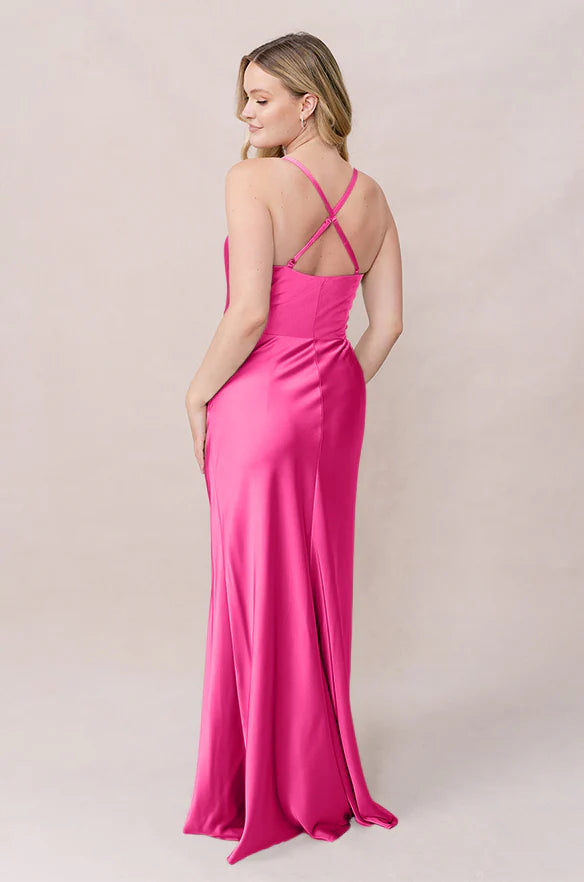 Luxury Satin Cowl Neck Bridesmaid Dresses with Crisscross Back and Buttoned High Slit Formal Gown