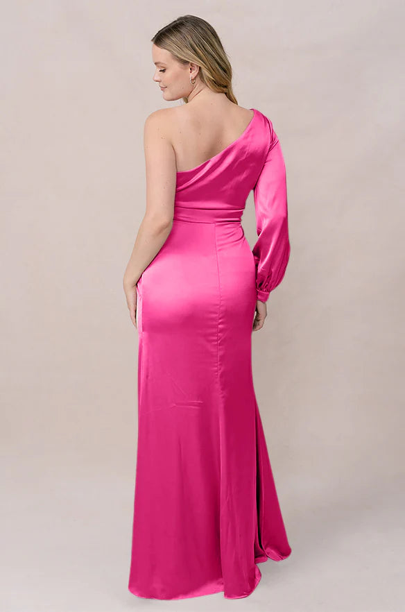 Luxury Satin One Shoulder Bridesmaid Dresses with Puffed Long Sleeve, Waist Knot Detail and High Slit Formal Gown