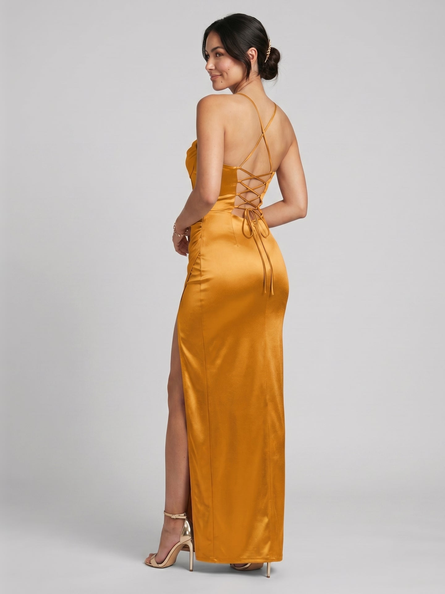 Elegant Marigold Satin column Sweetheart Criss-Cross Straps Ankle-Length Bridesmaid Dress