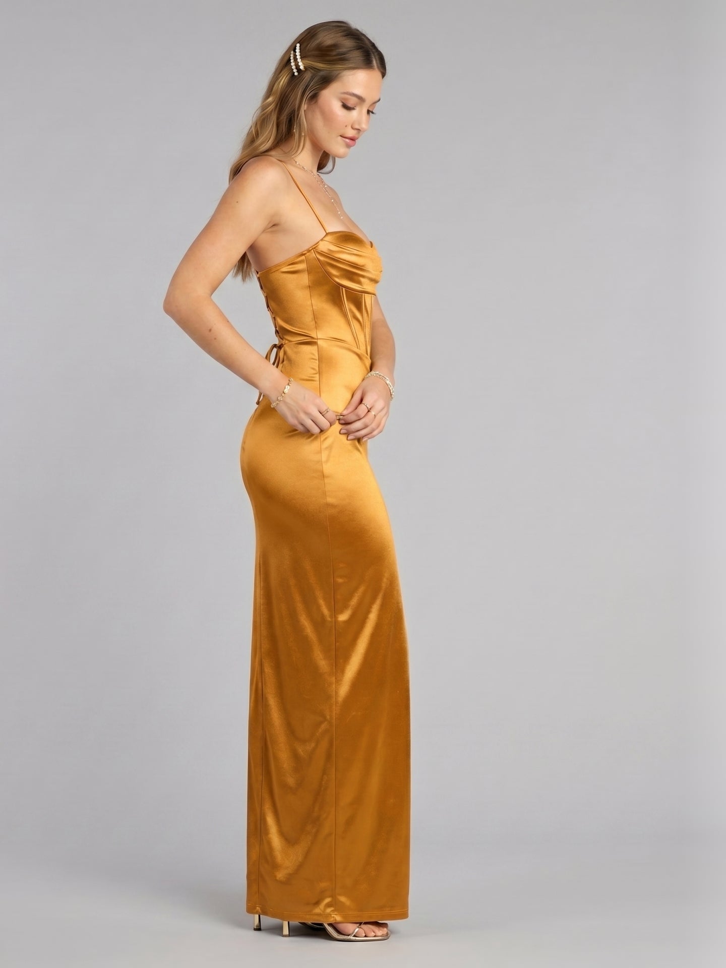 Elegant Marigold Satin column Sweetheart Criss-Cross Straps Ankle-Length Bridesmaid Dress