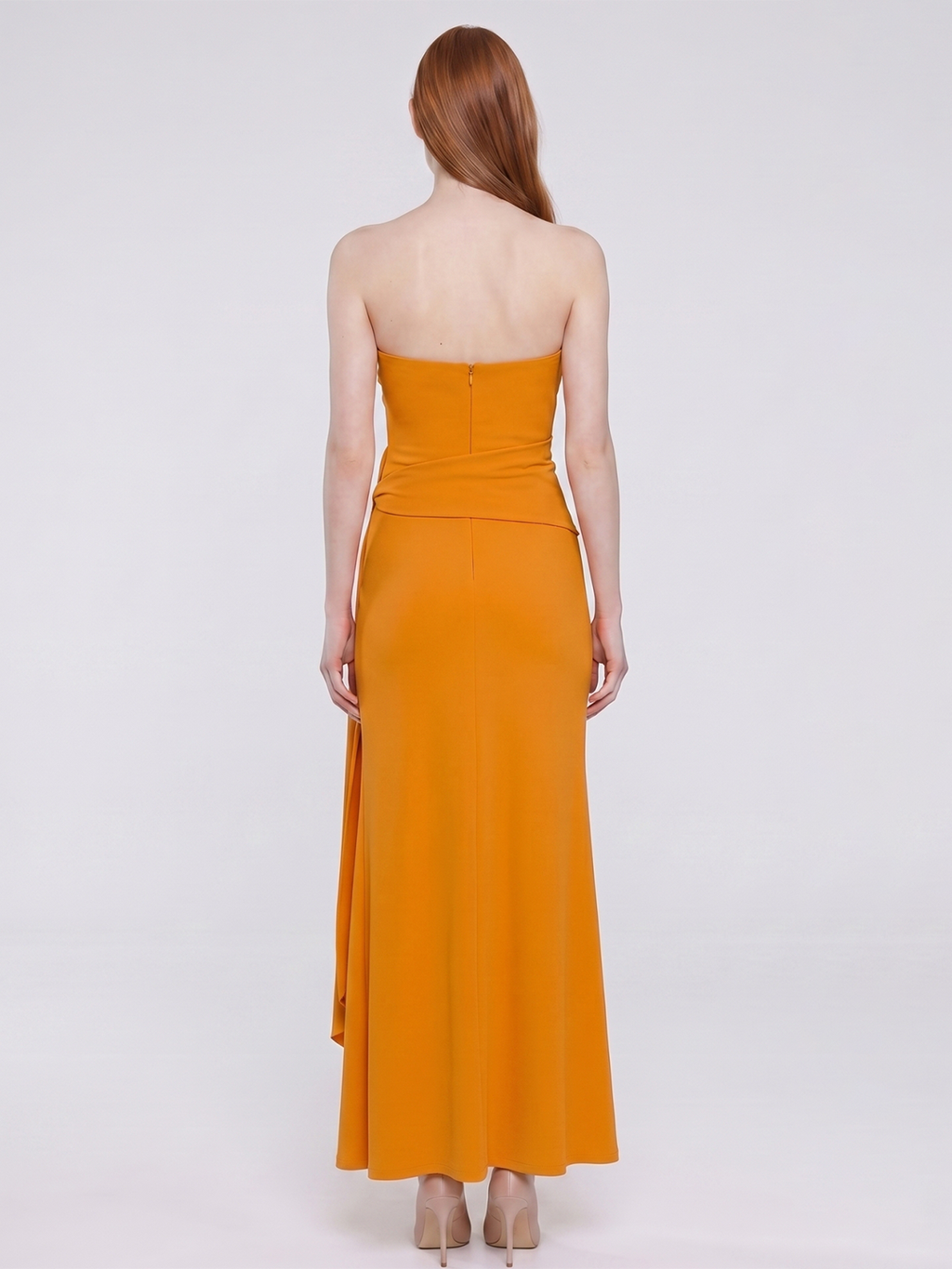 Marigold Stretch knit Trumpet Sweetheart Backless Ankle Bridesmaid Dress with Pleats