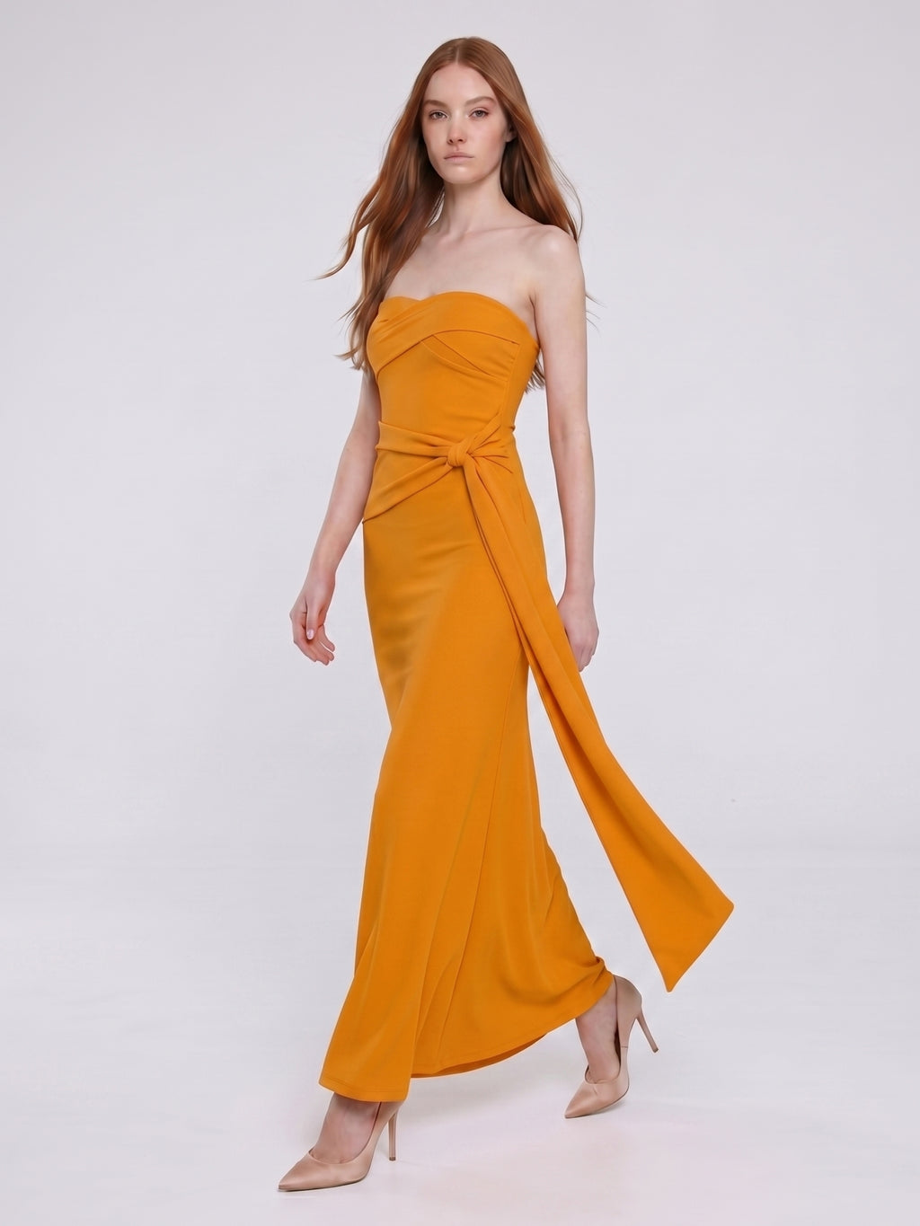 Marigold Stretch knit Trumpet Sweetheart Backless Ankle Bridesmaid Dress with Pleats