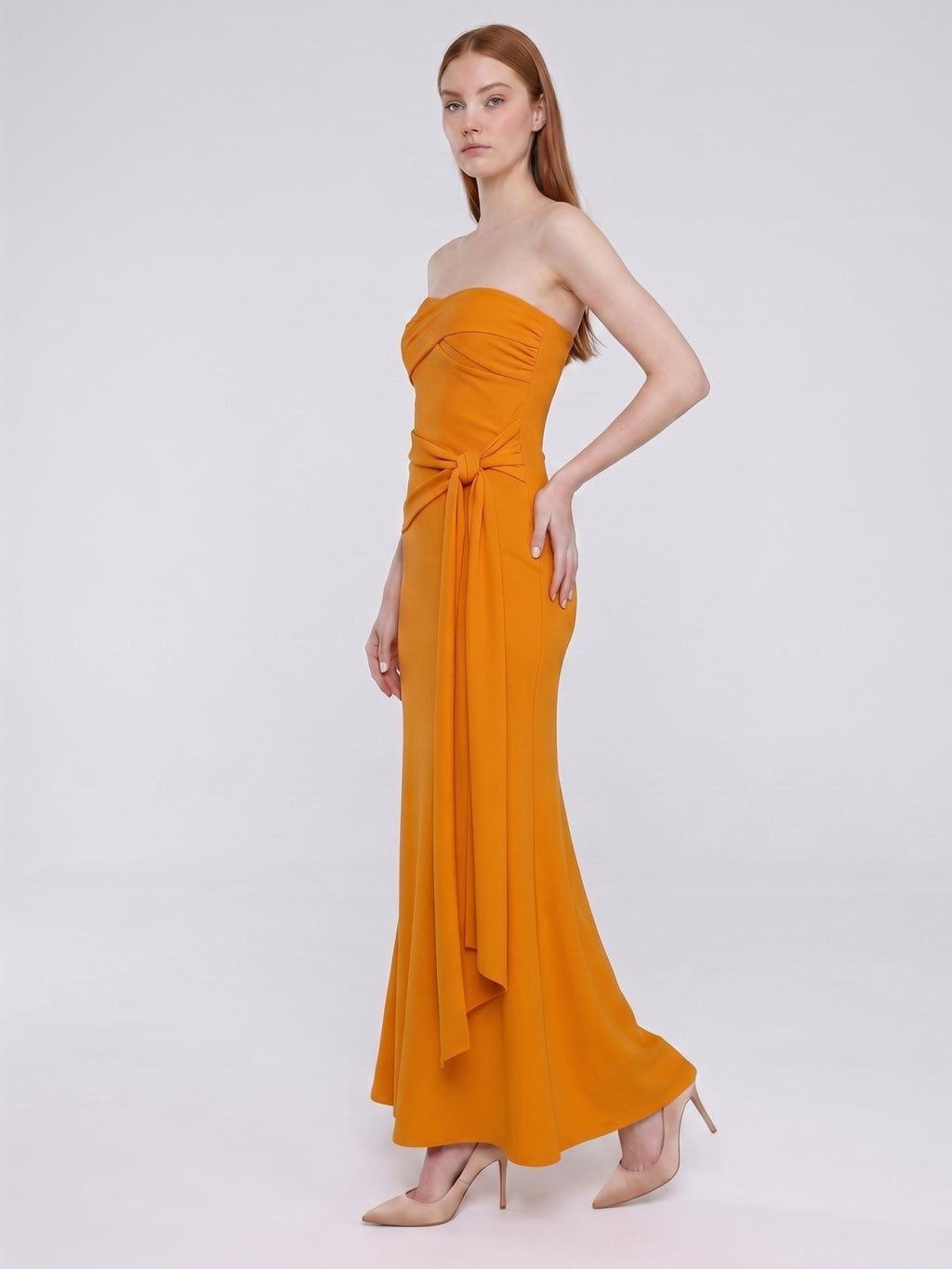 Marigold Stretch knit Trumpet Sweetheart Backless Ankle Bridesmaid Dress with Pleats