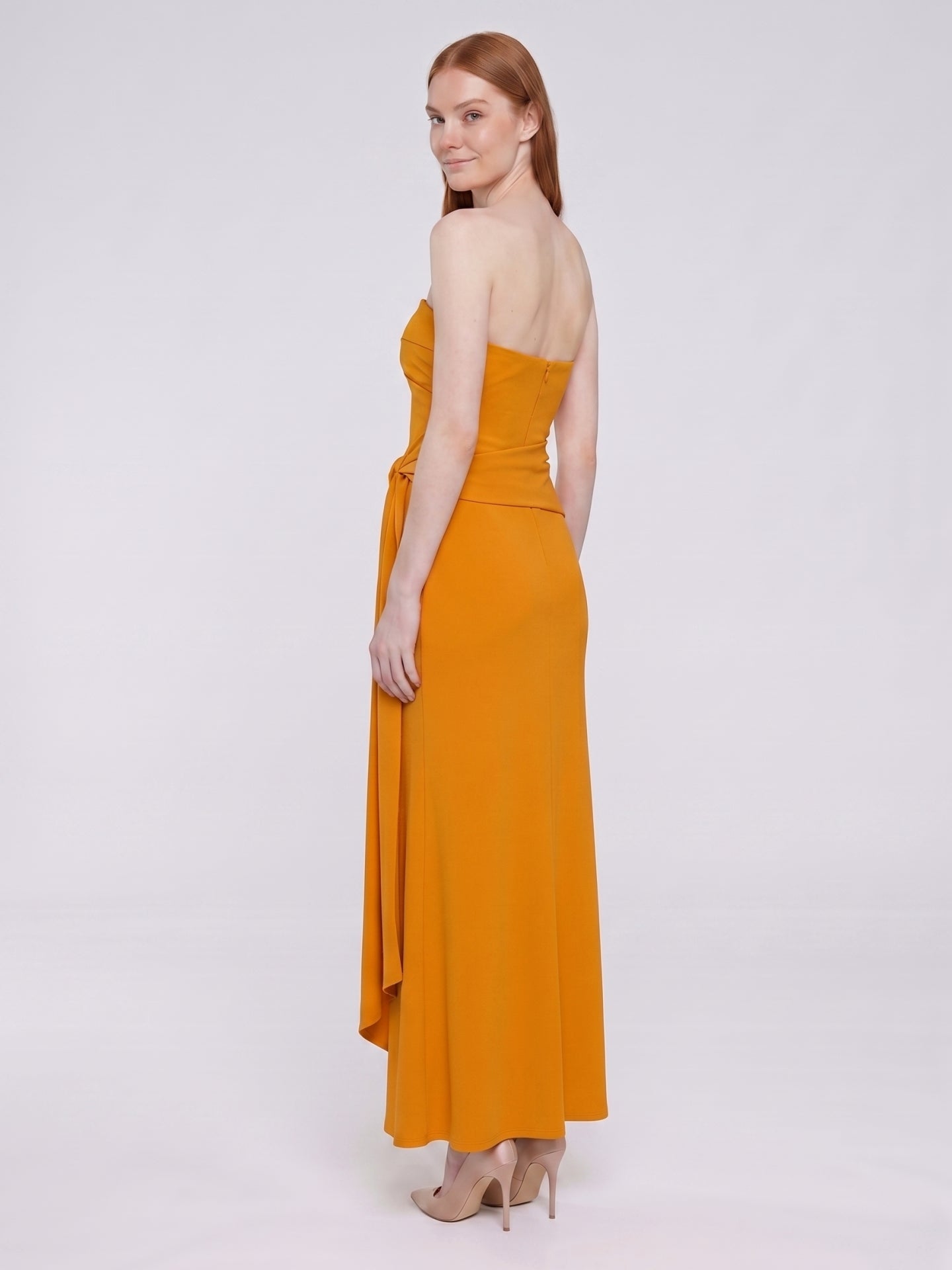 Marigold Stretch knit Trumpet Sweetheart Backless Ankle Bridesmaid Dress with Pleats