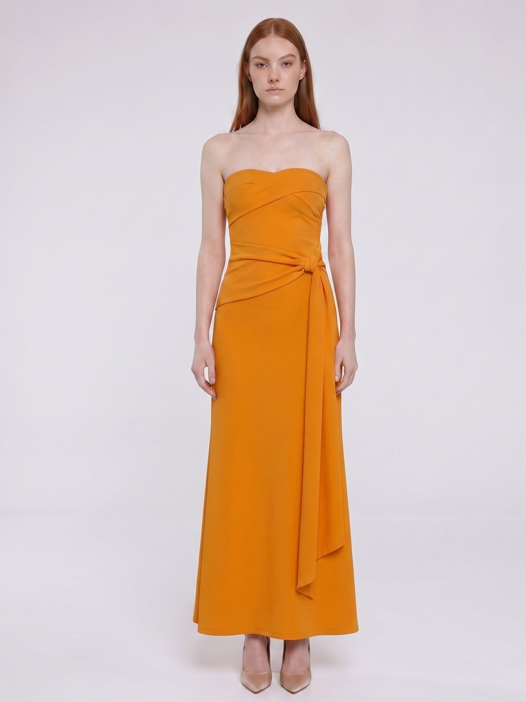 Marigold Stretch knit Trumpet Sweetheart Backless Ankle Bridesmaid Dress with Pleats