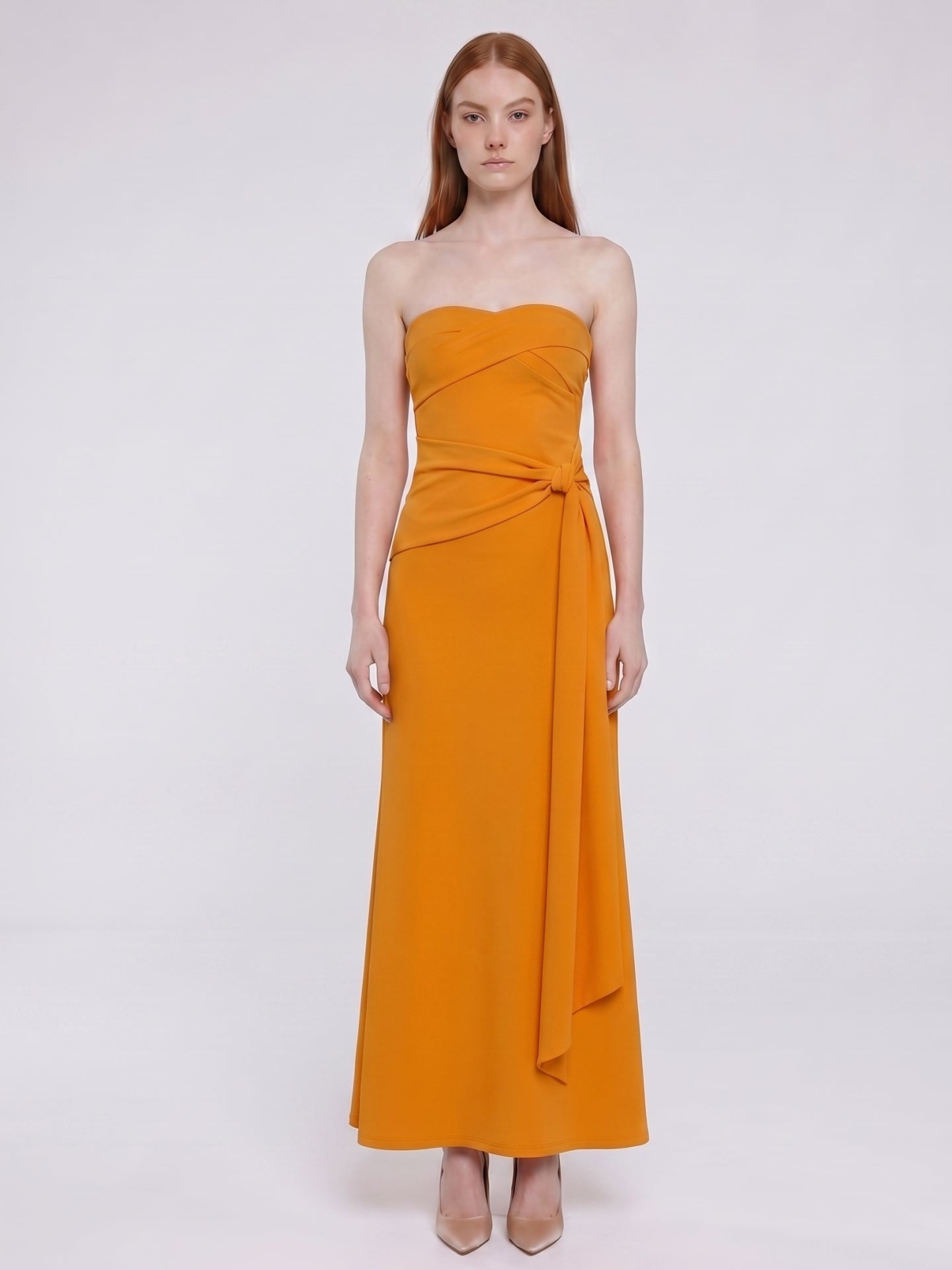 Marigold Stretch knit Trumpet Sweetheart Backless Ankle Bridesmaid Dress with Pleats