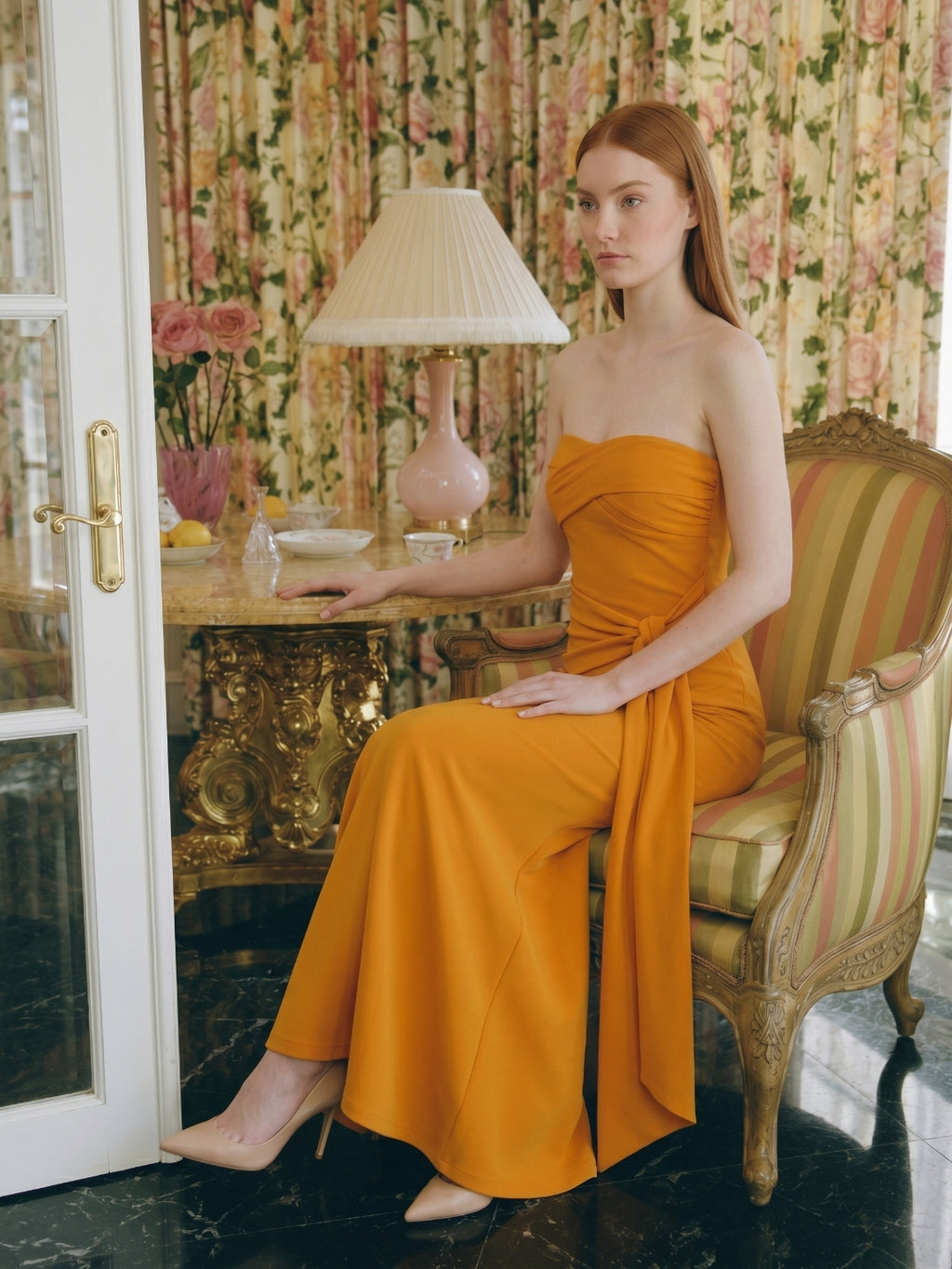 Marigold Stretch knit Trumpet Sweetheart Backless Ankle Bridesmaid Dress with Pleats