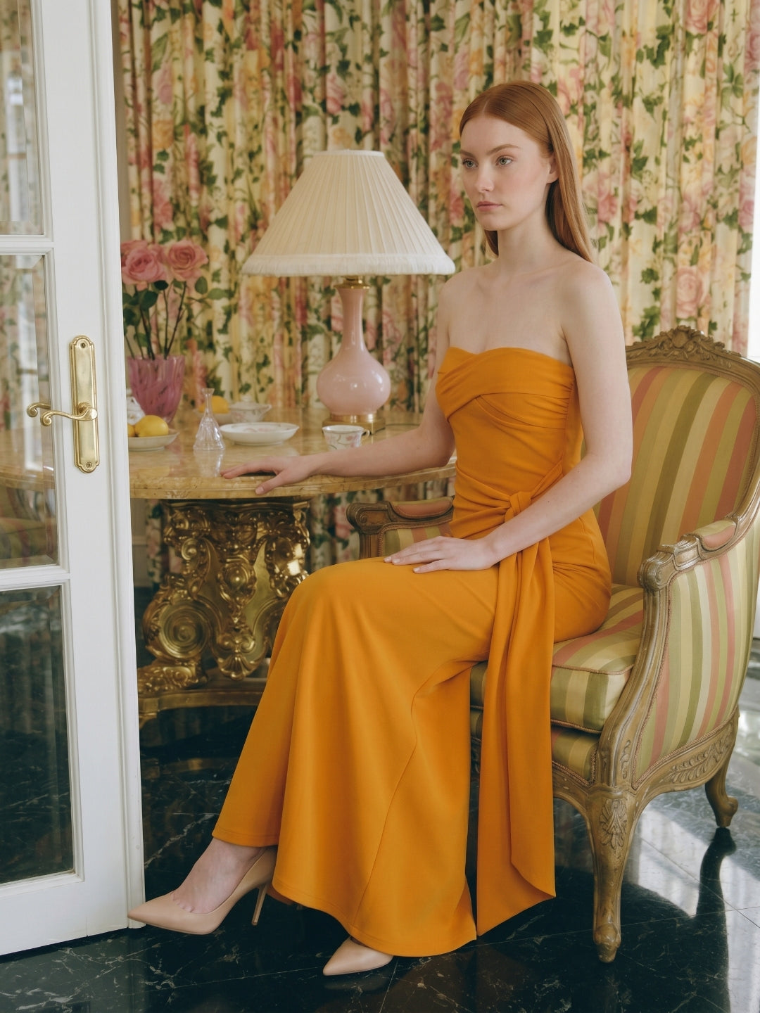 Marigold Stretch knit Trumpet Sweetheart Backless Ankle Bridesmaid Dress with Pleats