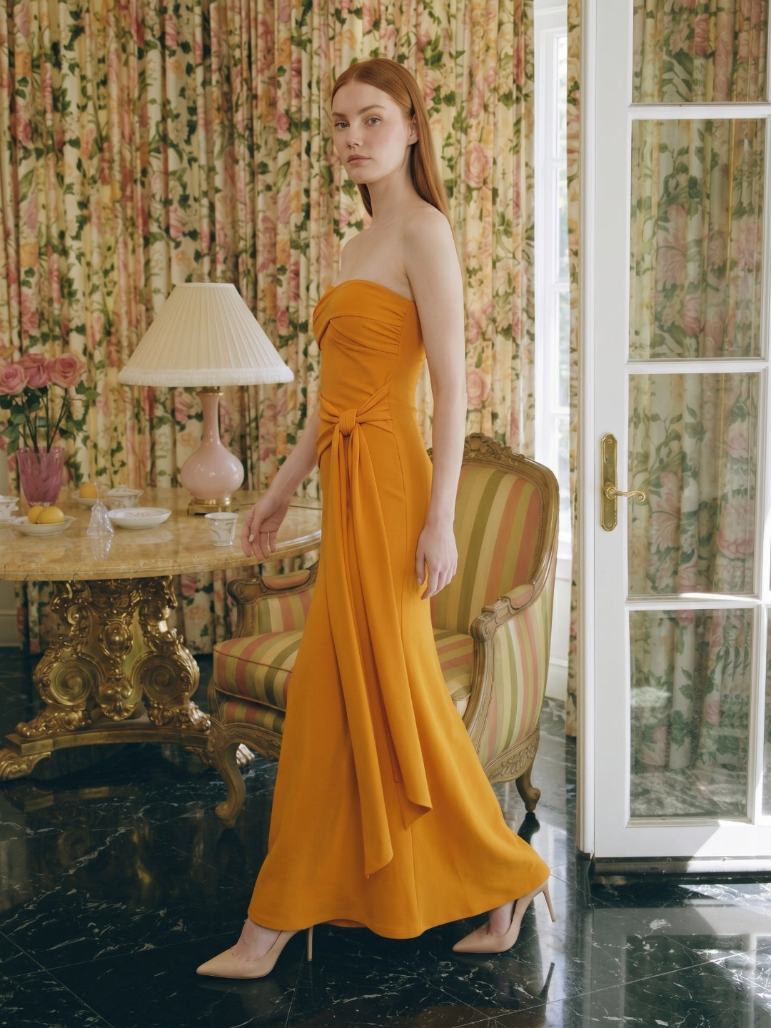 Marigold Stretch knit Trumpet Sweetheart Backless Ankle Bridesmaid Dress with Pleats