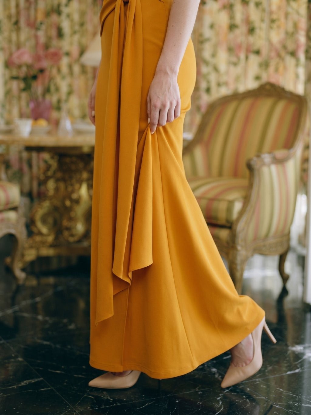 Marigold Stretch knit Trumpet Sweetheart Backless Ankle Bridesmaid Dress with Pleats