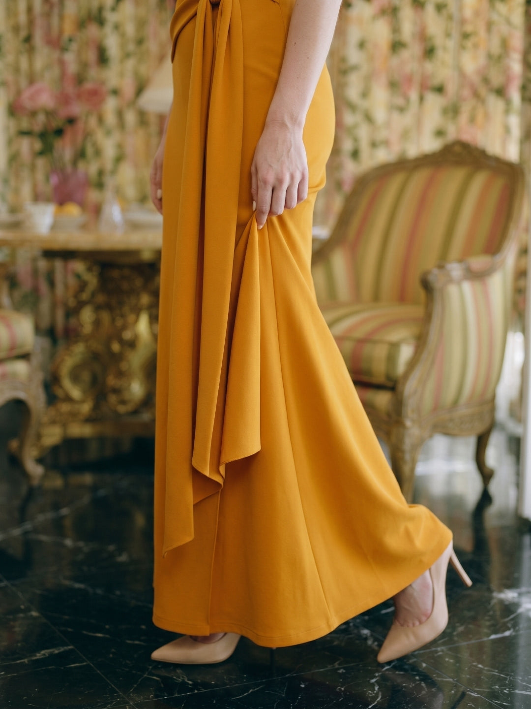 Marigold Stretch knit Trumpet Sweetheart Backless Ankle Bridesmaid Dress with Pleats