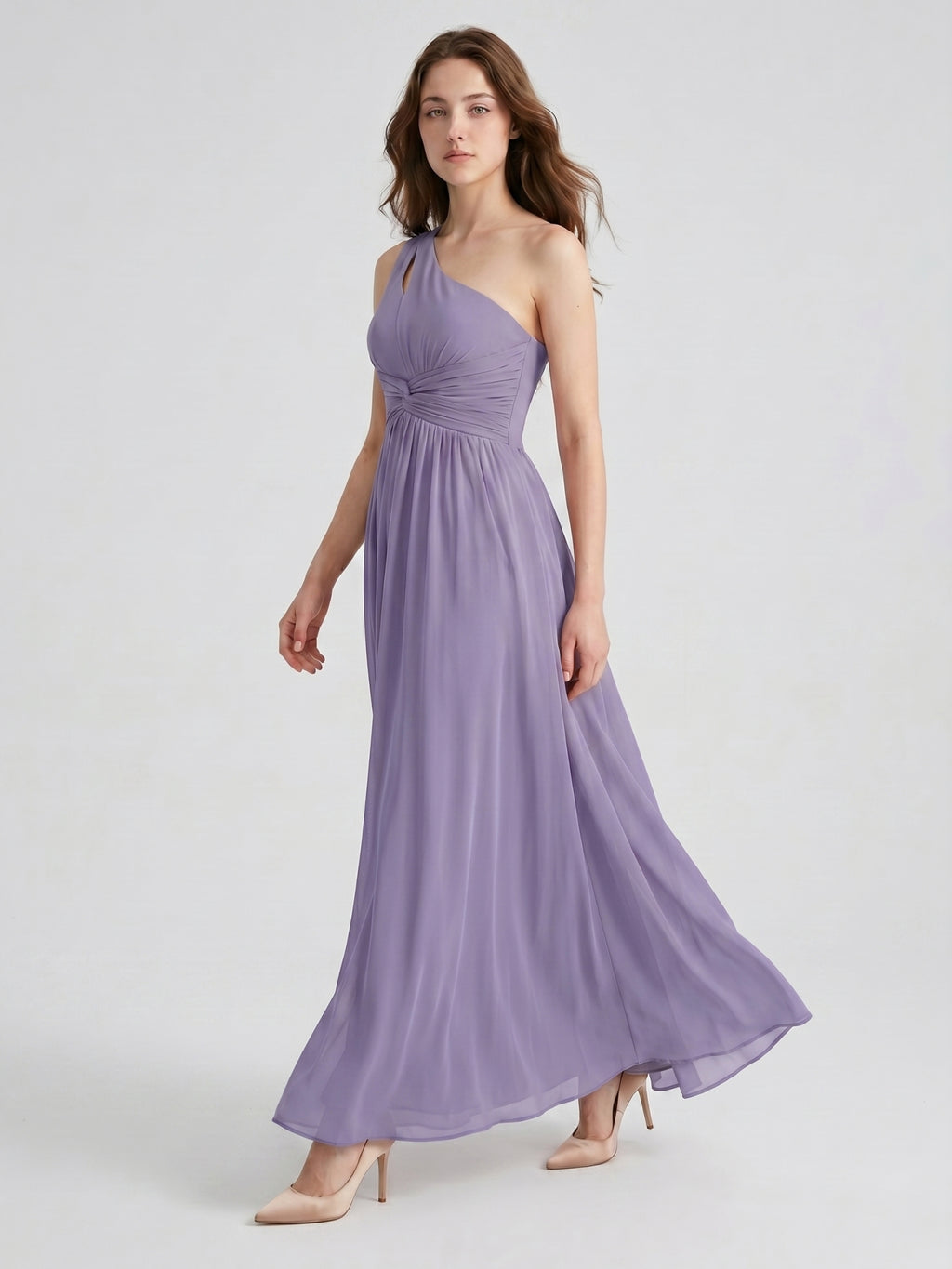 Mauve Chiffon A-Line One Shoulder Lace-up Floor-Length Bridesmaid Dress with Pleats