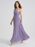 Mauve Chiffon A-Line One Shoulder Lace-up Floor-Length Bridesmaid Dress with Pleats