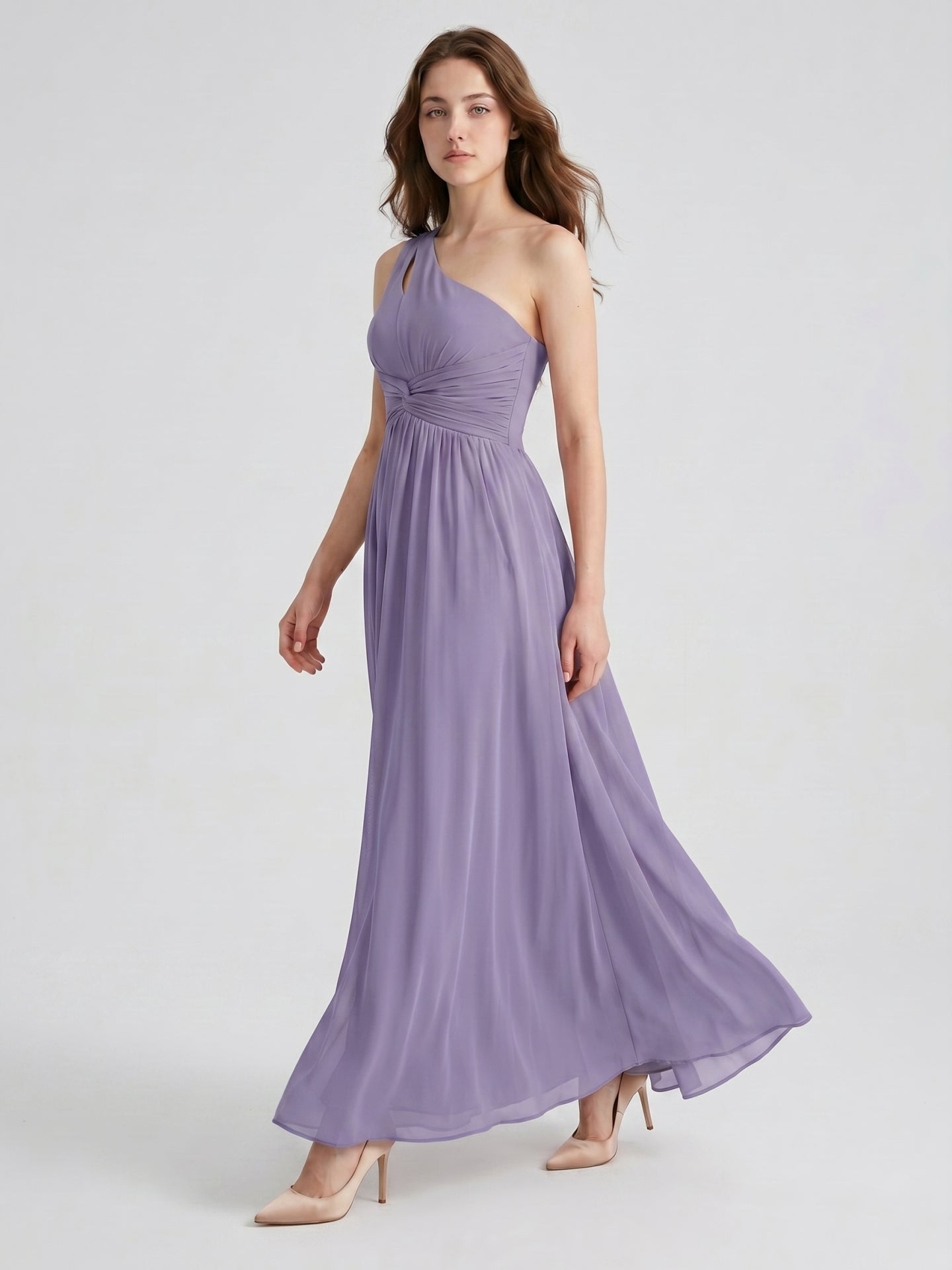 Mauve Chiffon A-Line One Shoulder Lace-up Floor-Length Bridesmaid Dress with Pleats