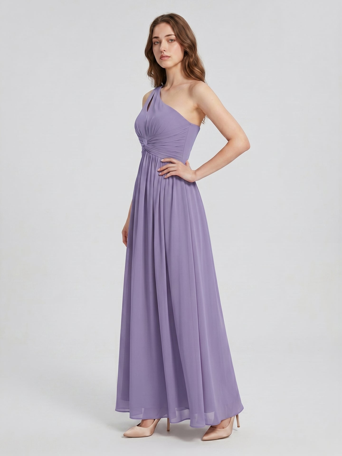 Mauve Chiffon A-Line One Shoulder Lace-up Floor-Length Bridesmaid Dress with Pleats