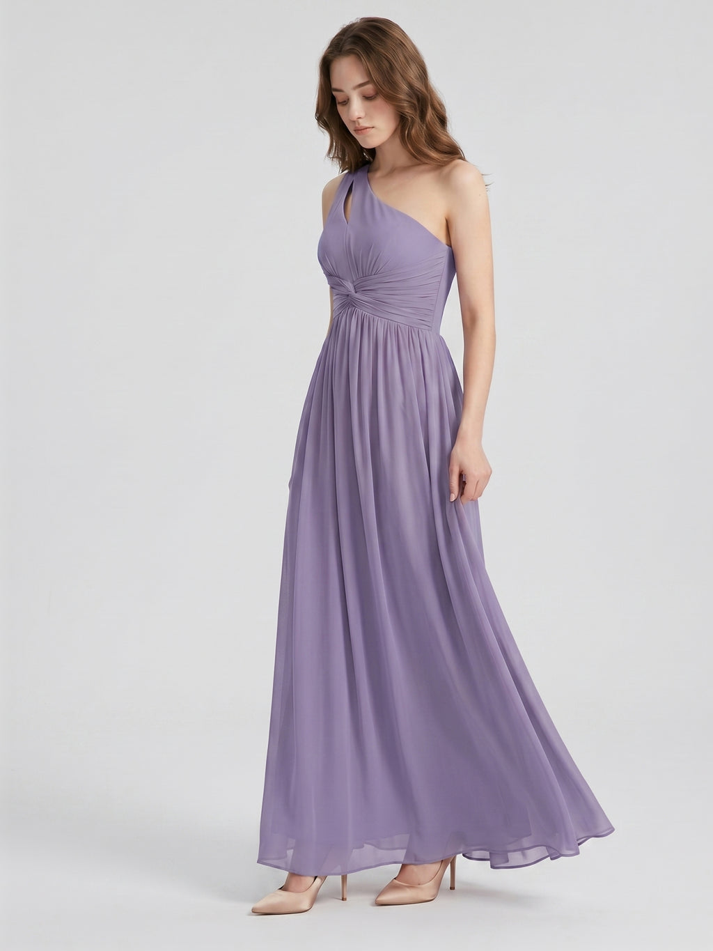 Mauve Chiffon A-Line One Shoulder Lace-up Floor-Length Bridesmaid Dress with Pleats
