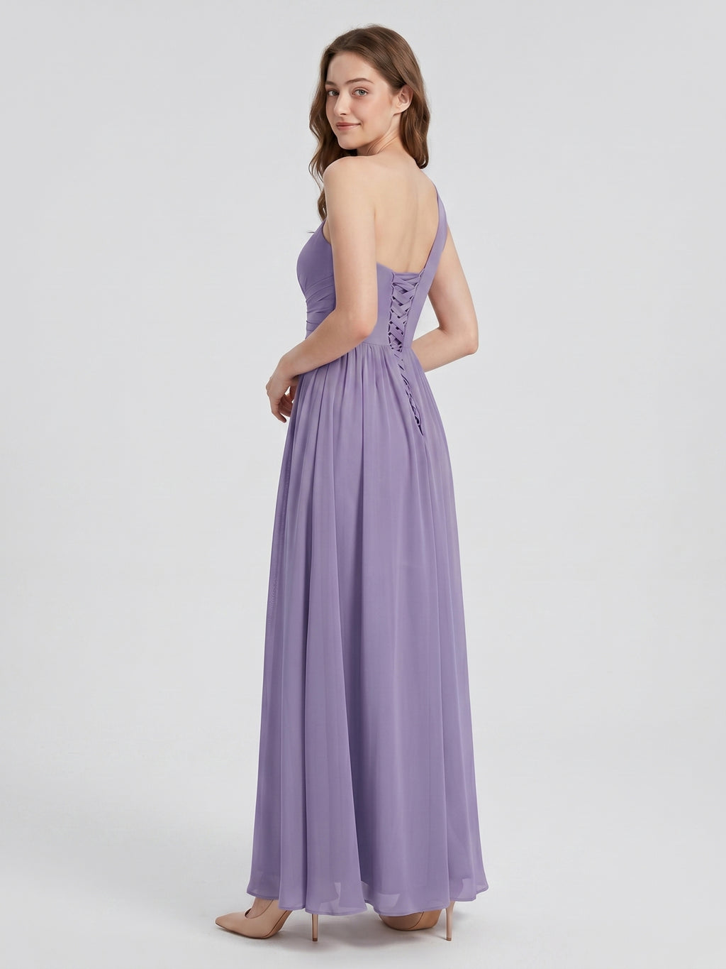 Mauve Chiffon A-Line One Shoulder Lace-up Floor-Length Bridesmaid Dress with Pleats