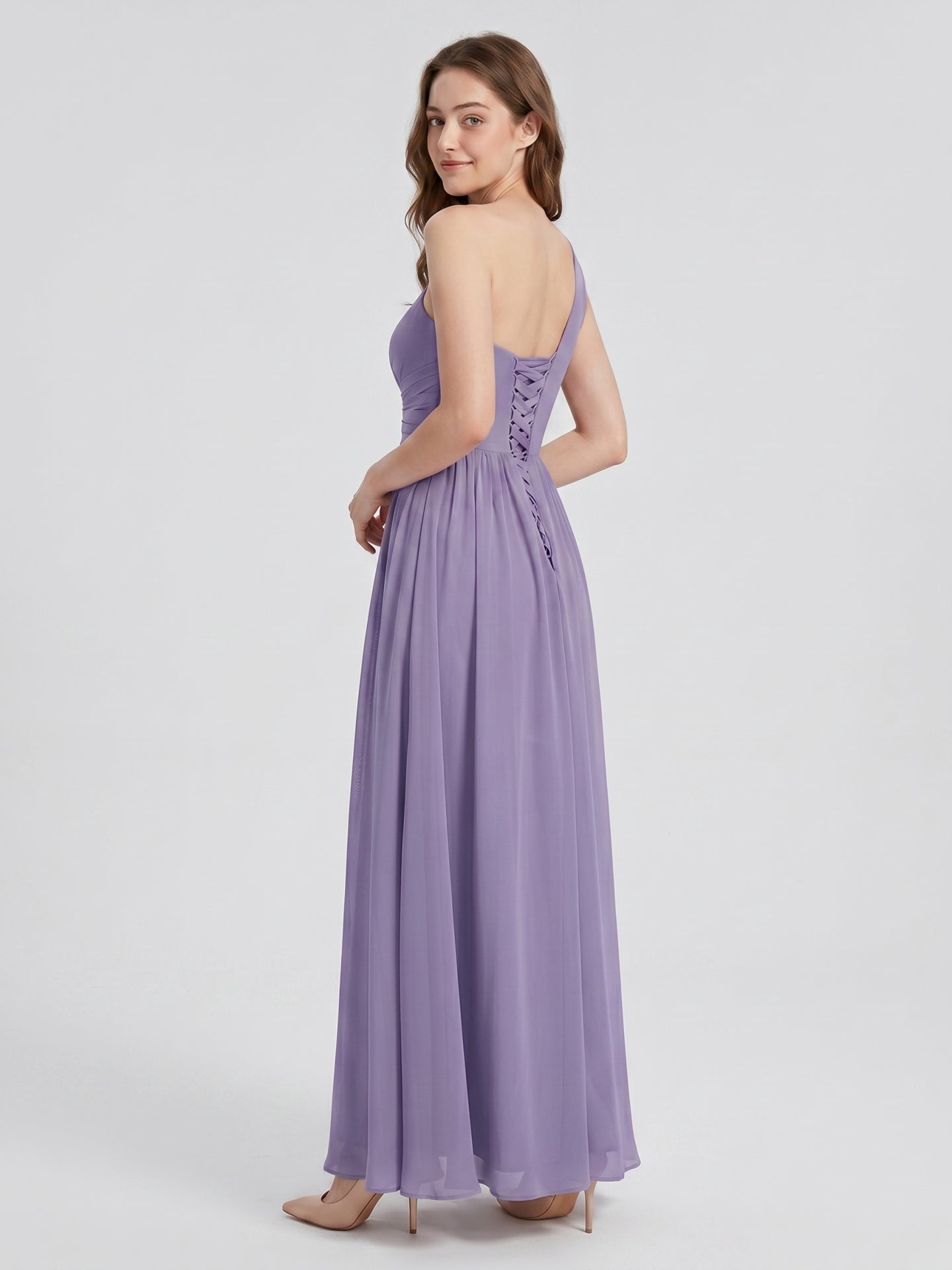 Mauve Chiffon A-Line One Shoulder Lace-up Floor-Length Bridesmaid Dress with Pleats