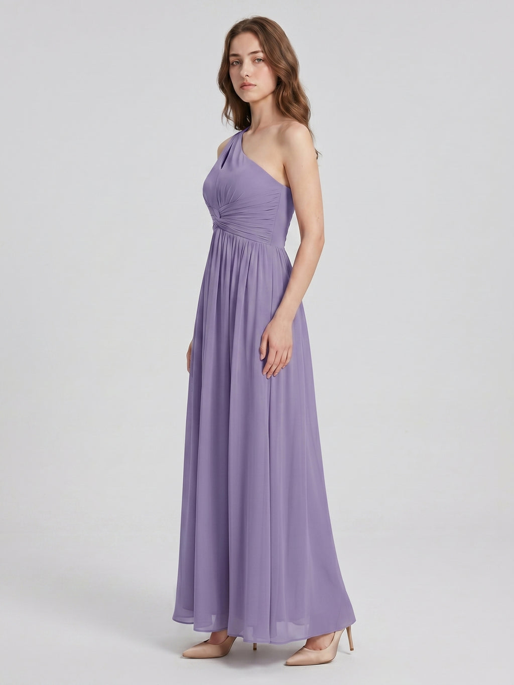 Mauve Chiffon A-Line One Shoulder Lace-up Floor-Length Bridesmaid Dress with Pleats