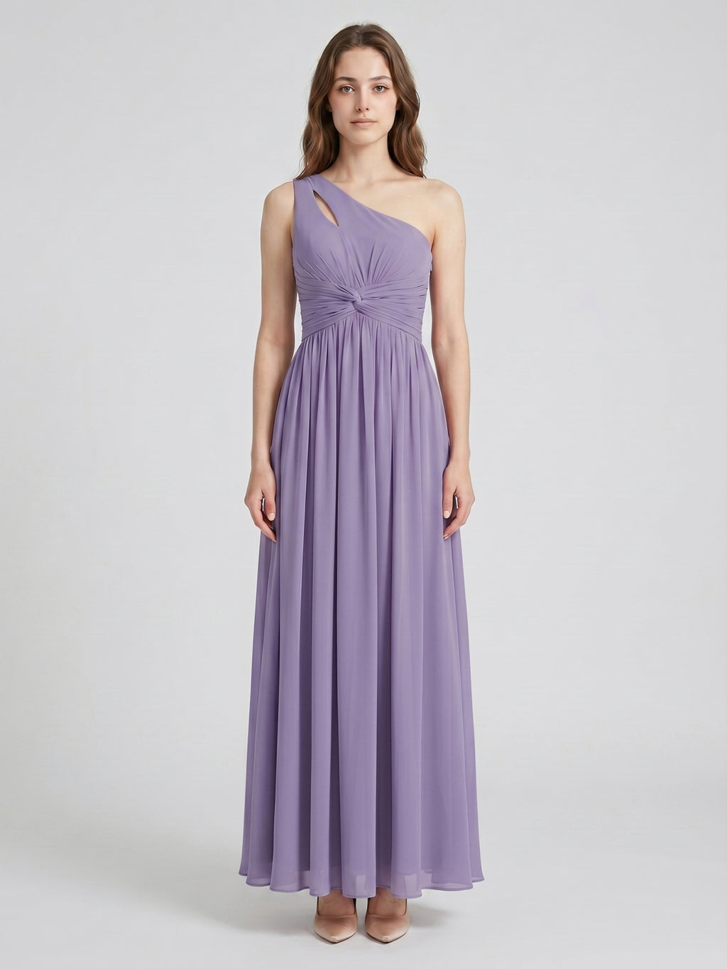 Mauve Chiffon A-Line One Shoulder Lace-up Floor-Length Bridesmaid Dress with Pleats