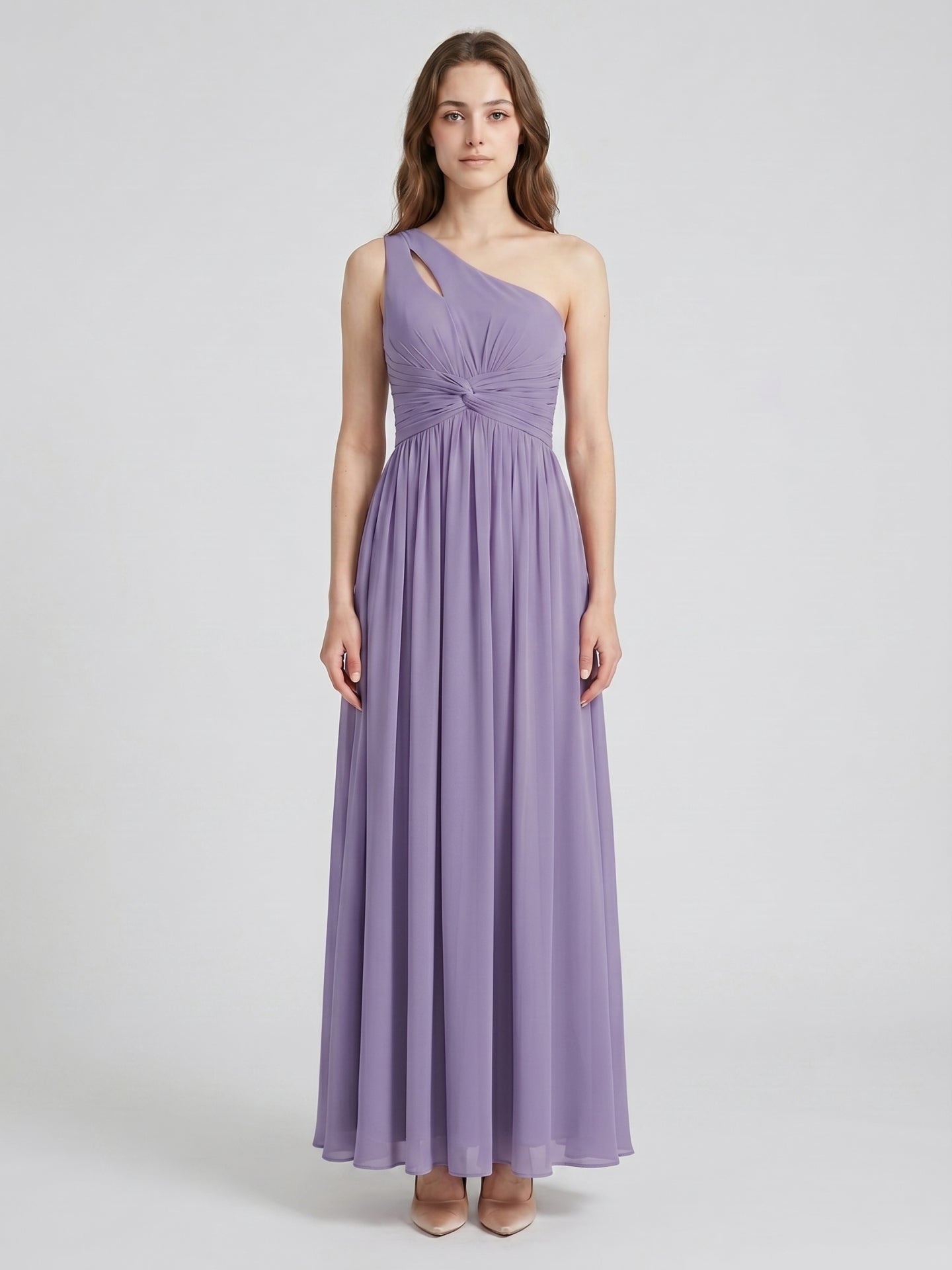 Mauve Chiffon A-Line One Shoulder Lace-up Floor-Length Bridesmaid Dress with Pleats