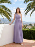 Mauve Chiffon A-Line One Shoulder Lace-up Floor-Length Bridesmaid Dress with Pleats