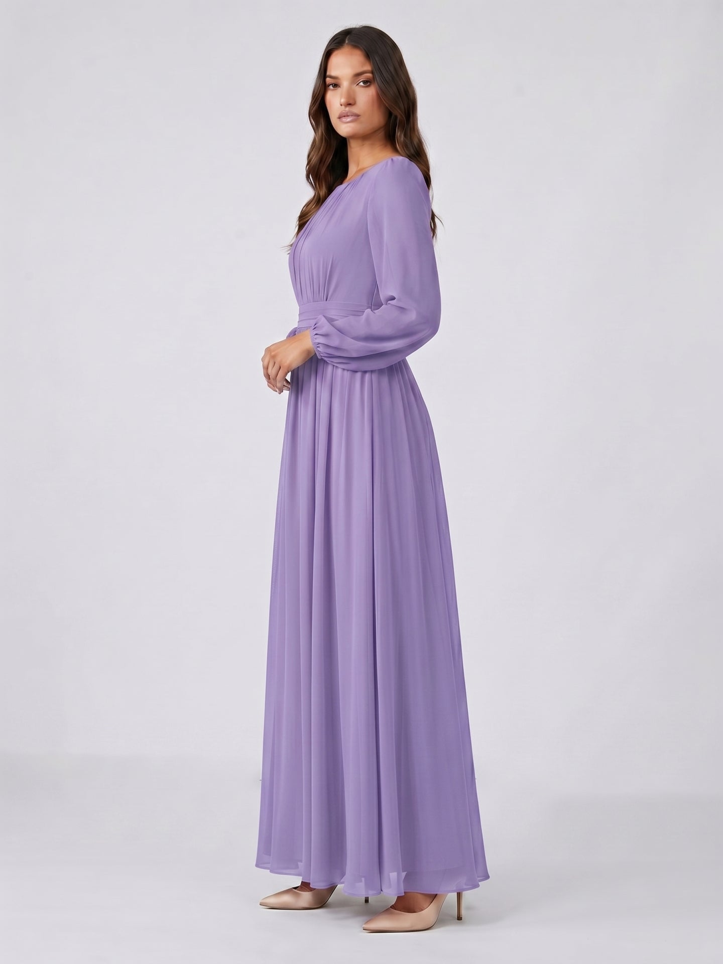 Mauve Chiffon A-Line Scoop Neck Criss-Cross Floor-Length Bridesmaid Dress with Pleats