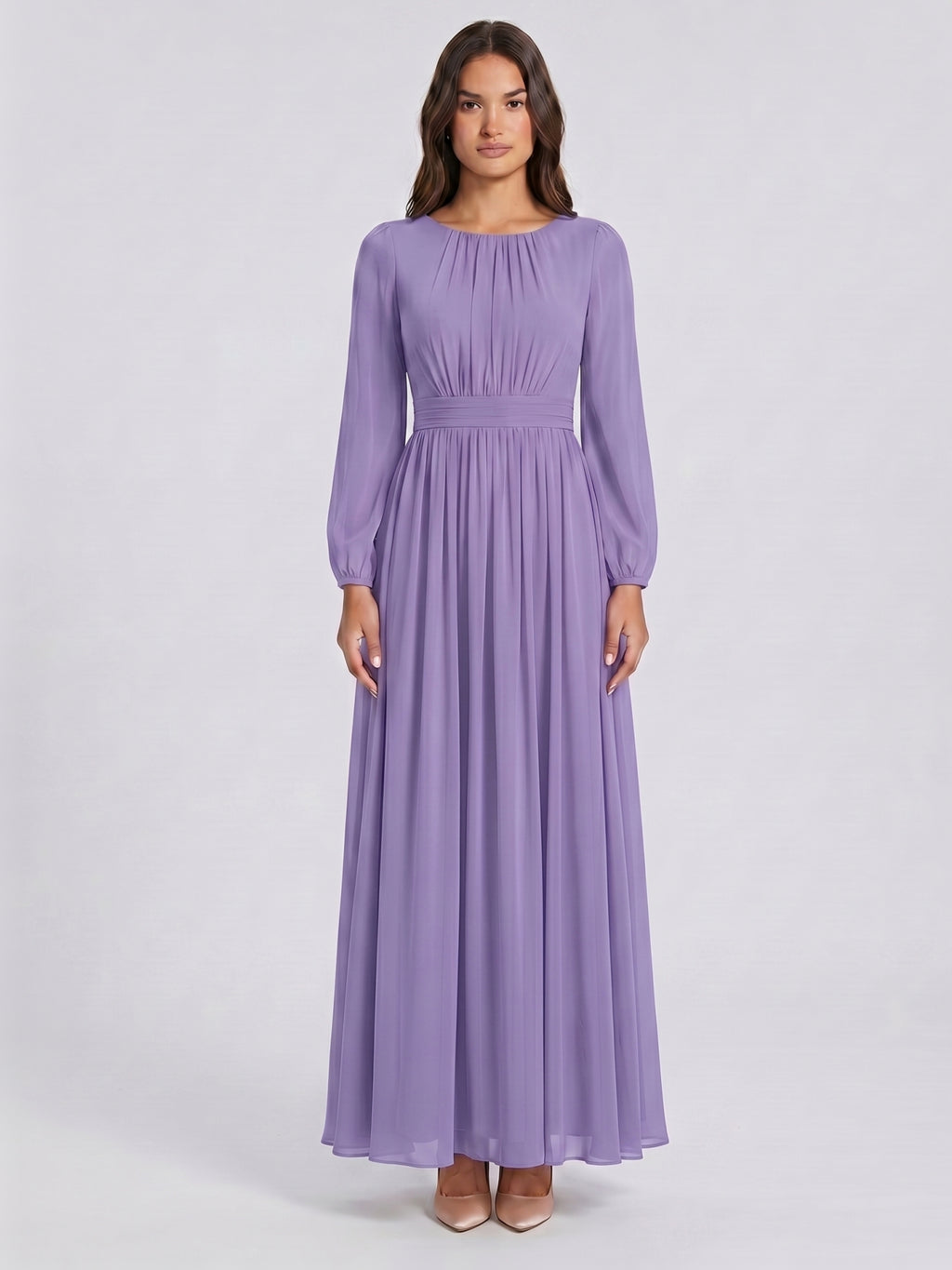 Mauve Chiffon A-Line Scoop Neck Criss-Cross Floor-Length Bridesmaid Dress with Pleats