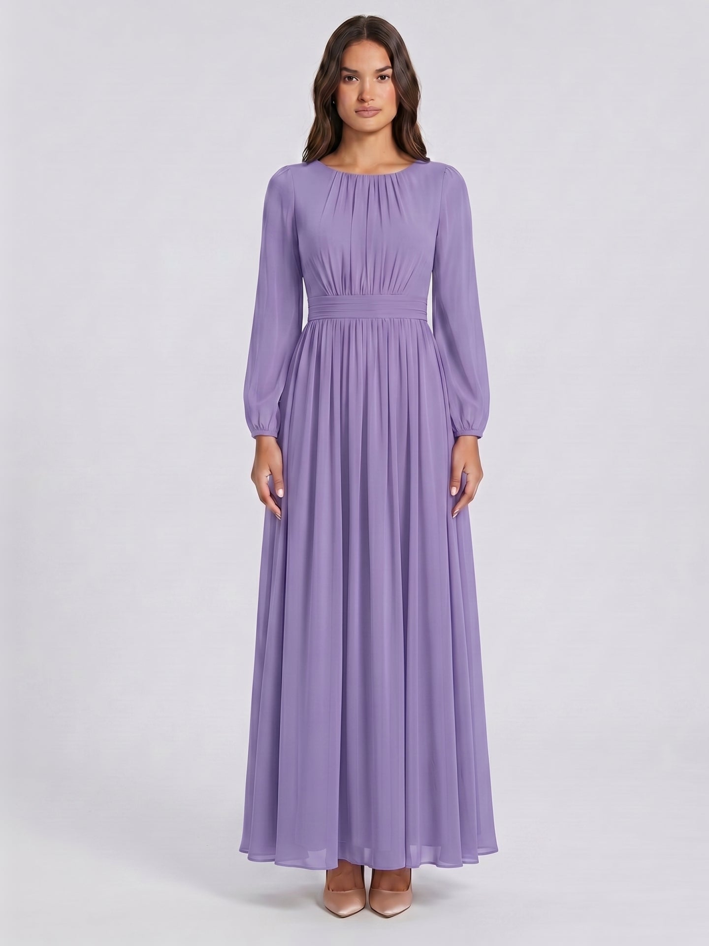 Mauve Chiffon A-Line Scoop Neck Criss-Cross Floor-Length Bridesmaid Dress with Pleats