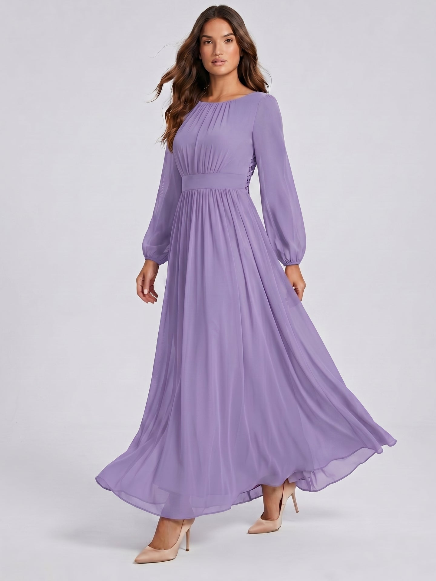 Mauve Chiffon A-Line Scoop Neck Criss-Cross Floor-Length Bridesmaid Dress with Pleats