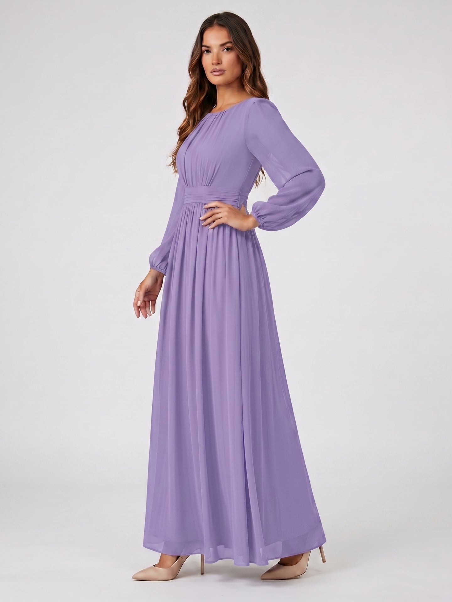 Mauve Chiffon A-Line Scoop Neck Criss-Cross Floor-Length Bridesmaid Dress with Pleats