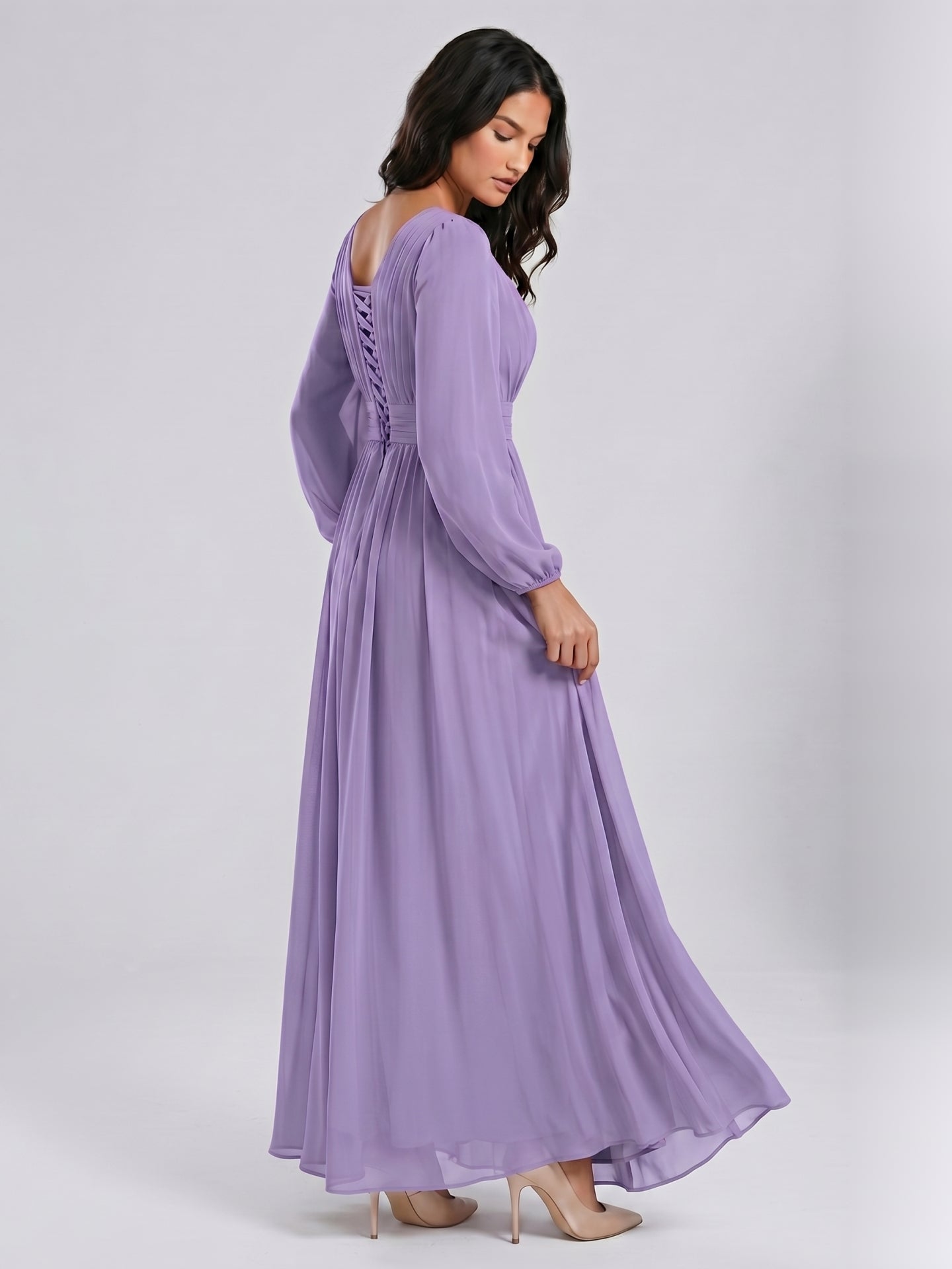 Mauve Chiffon A-Line Scoop Neck Criss-Cross Floor-Length Bridesmaid Dress with Pleats