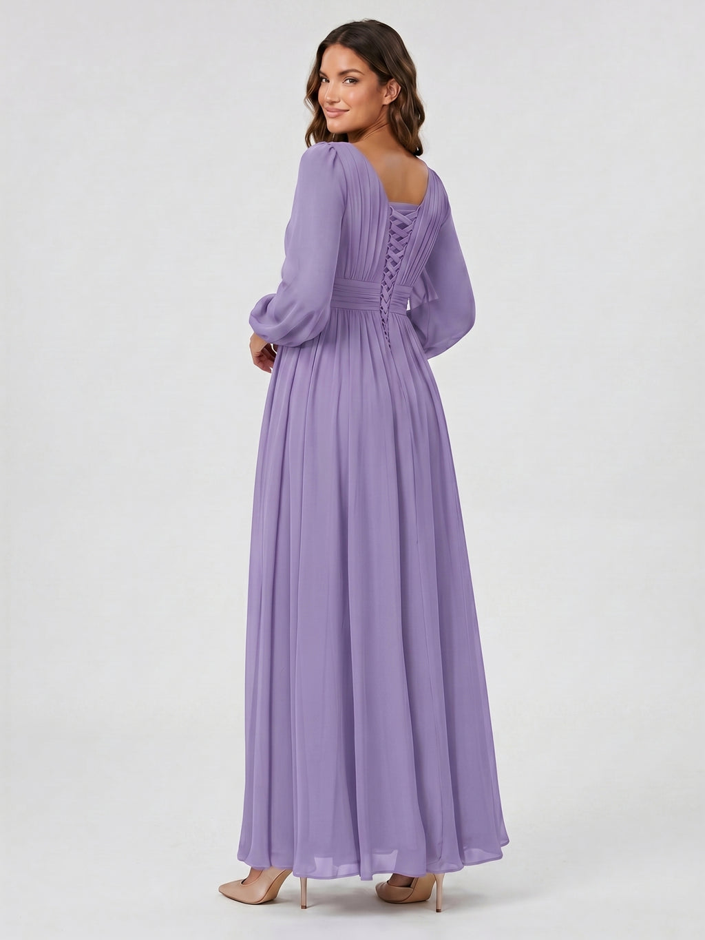 Mauve Chiffon A-Line Scoop Neck Criss-Cross Floor-Length Bridesmaid Dress with Pleats