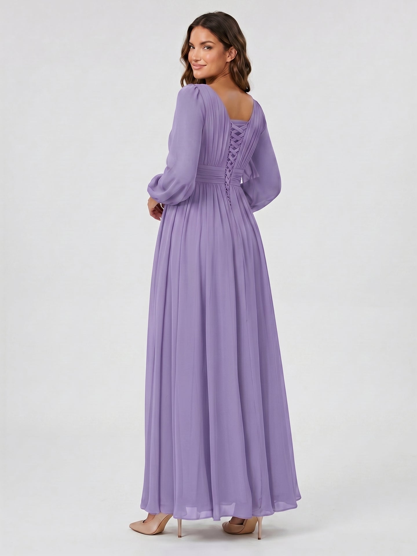 Mauve Chiffon A-Line Scoop Neck Criss-Cross Floor-Length Bridesmaid Dress with Pleats