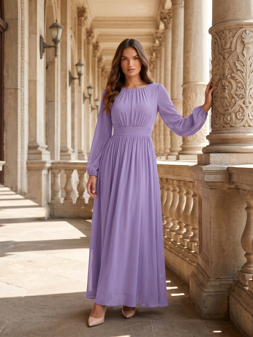 Mauve Chiffon A-Line Scoop Neck Criss-Cross Floor-Length Bridesmaid Dress with Pleats