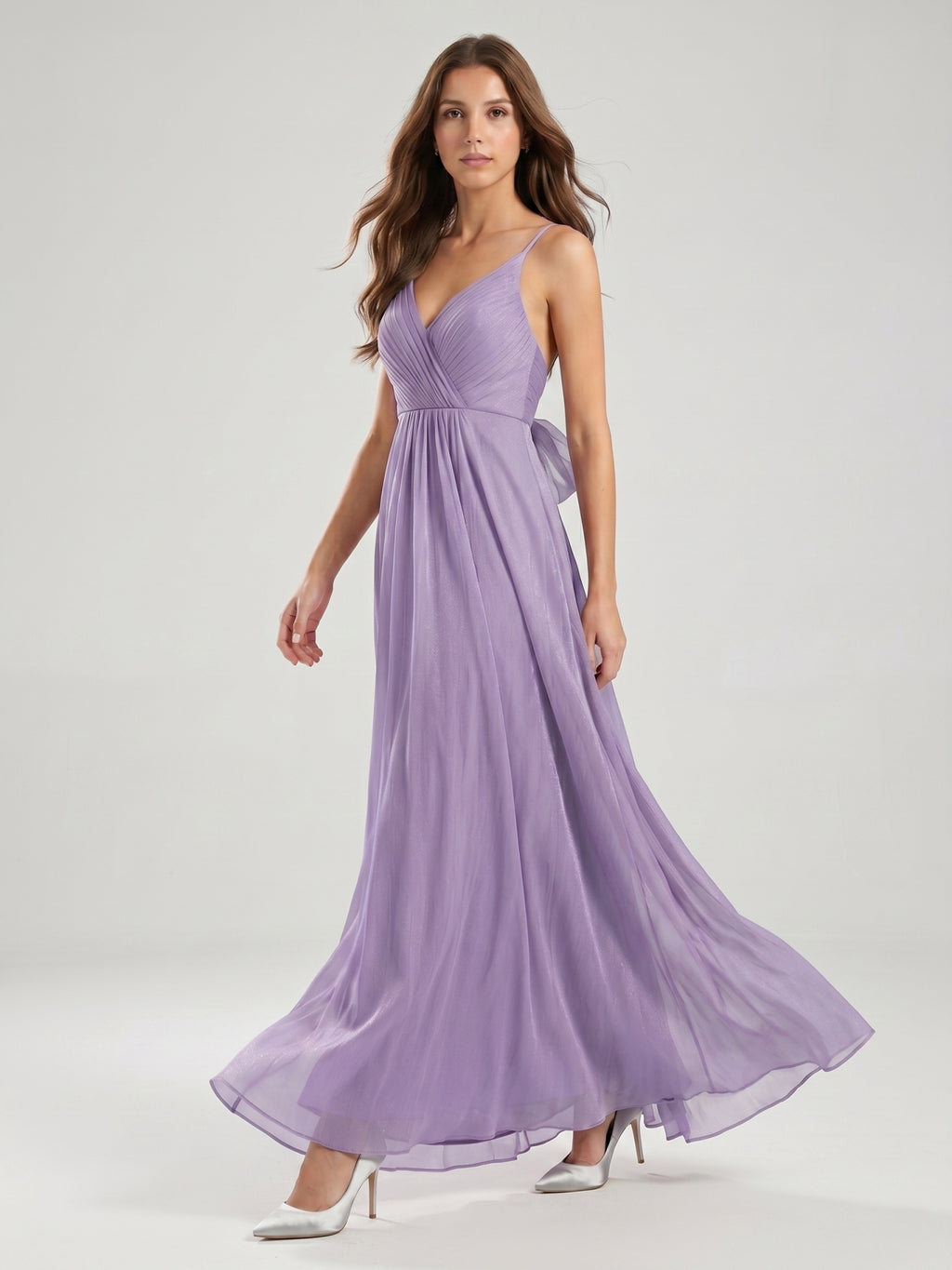 Mauve Chiffon A-Line V-Neck Backless Floor-Length Bridesmaid Dress with Pleats
