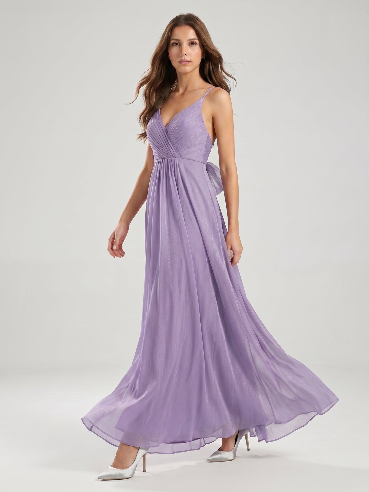 Mauve Chiffon A-Line V-Neck Backless Floor-Length Bridesmaid Dress with Pleats