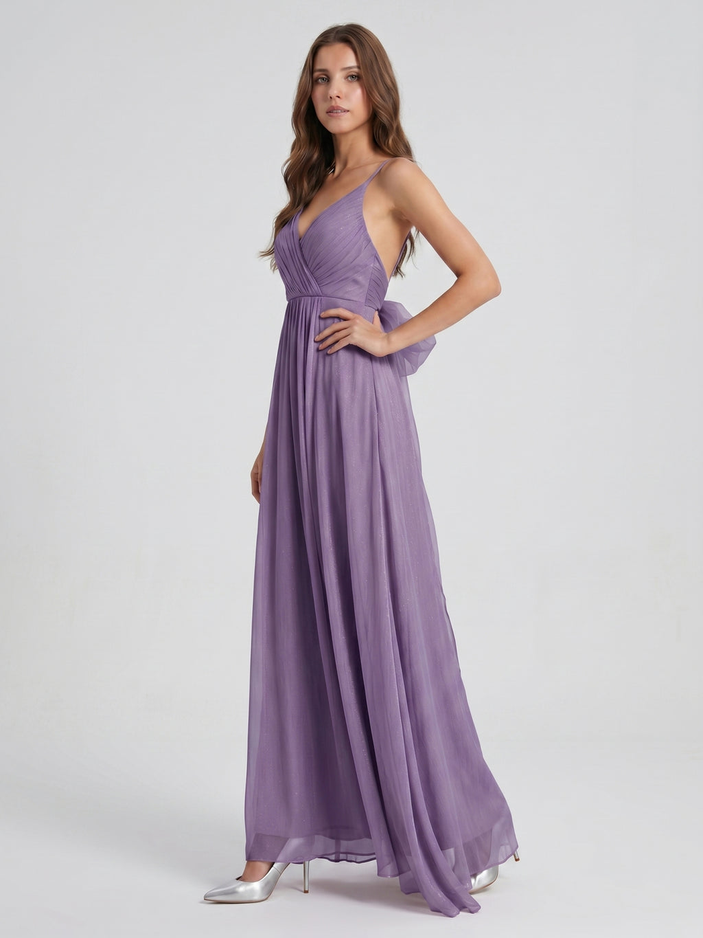 Mauve Chiffon A-Line V-Neck Backless Floor-Length Bridesmaid Dress with Pleats