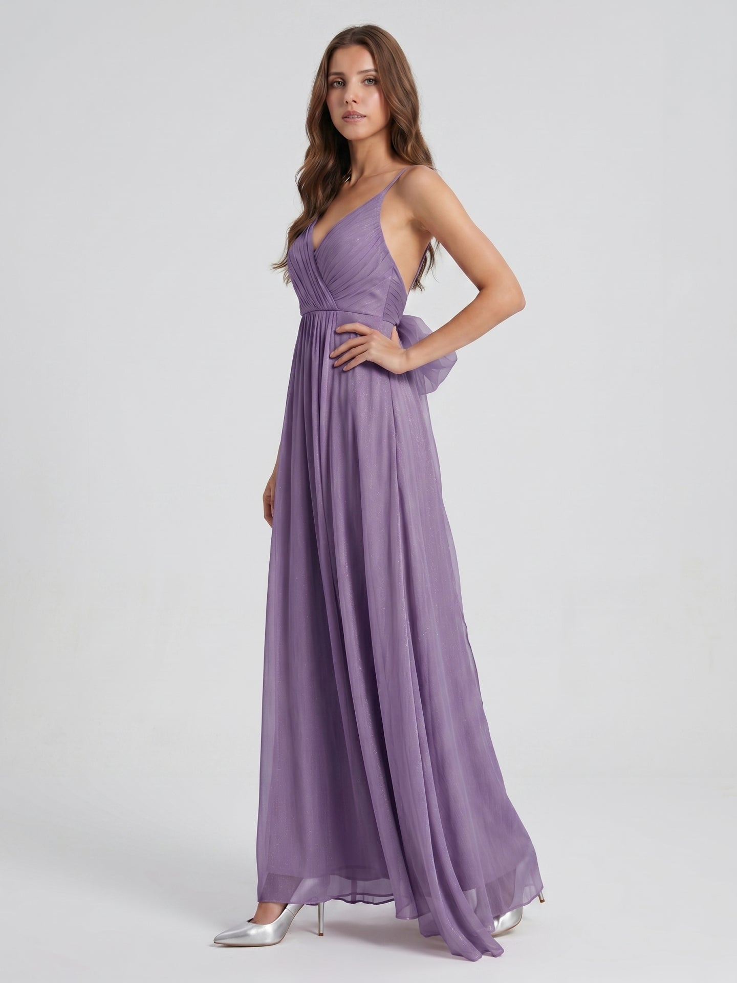 Mauve Chiffon A-Line V-Neck Backless Floor-Length Bridesmaid Dress with Pleats