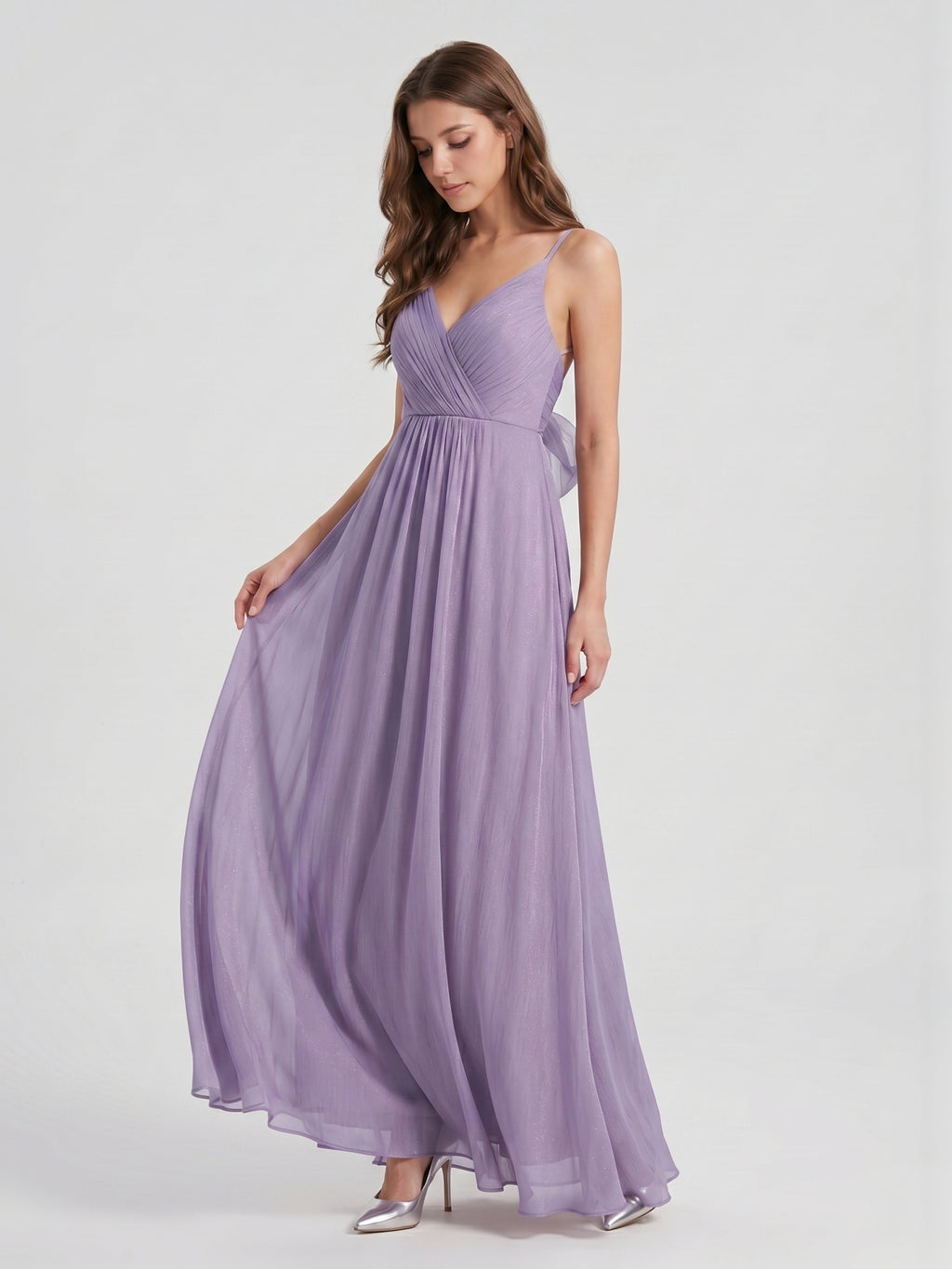 Mauve Chiffon A-Line V-Neck Backless Floor-Length Bridesmaid Dress with Pleats