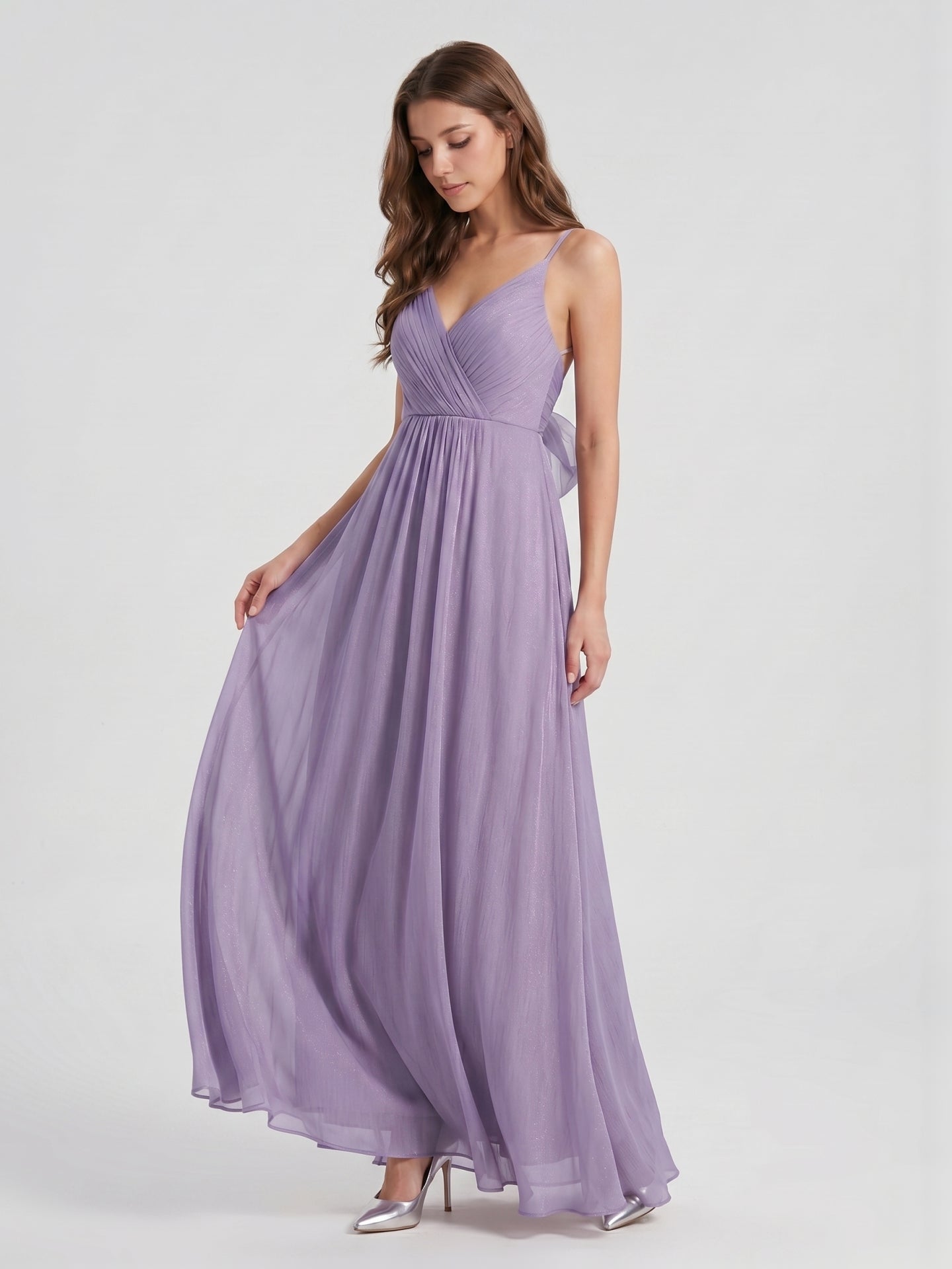Mauve Chiffon A-Line V-Neck Backless Floor-Length Bridesmaid Dress with Pleats