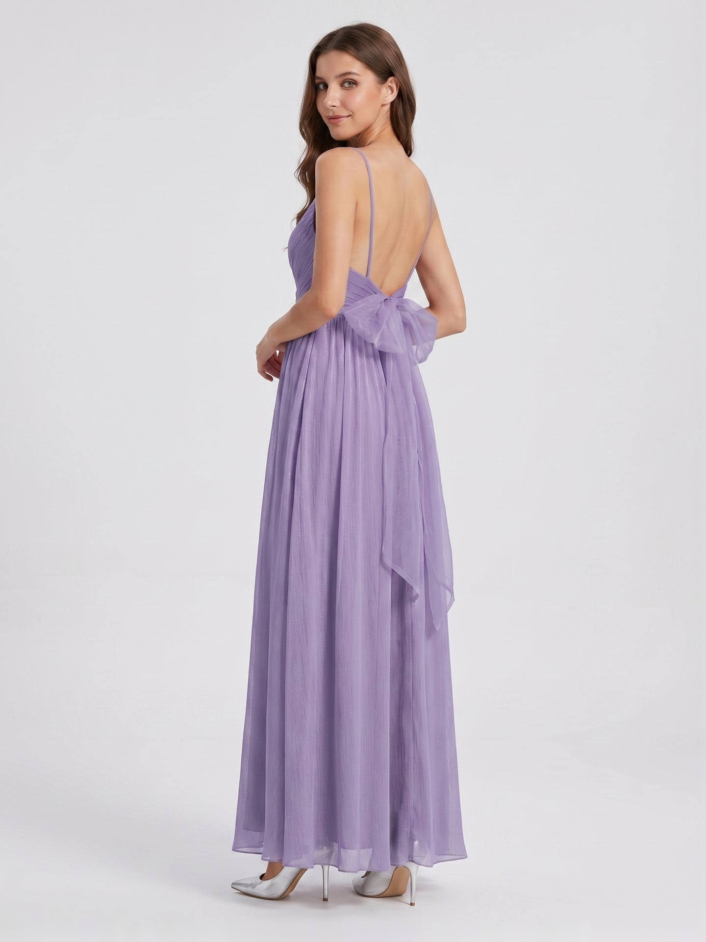 Mauve Chiffon A-Line V-Neck Backless Floor-Length Bridesmaid Dress with Pleats