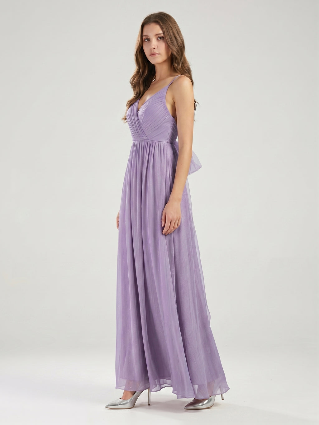 Mauve Chiffon A-Line V-Neck Backless Floor-Length Bridesmaid Dress with Pleats