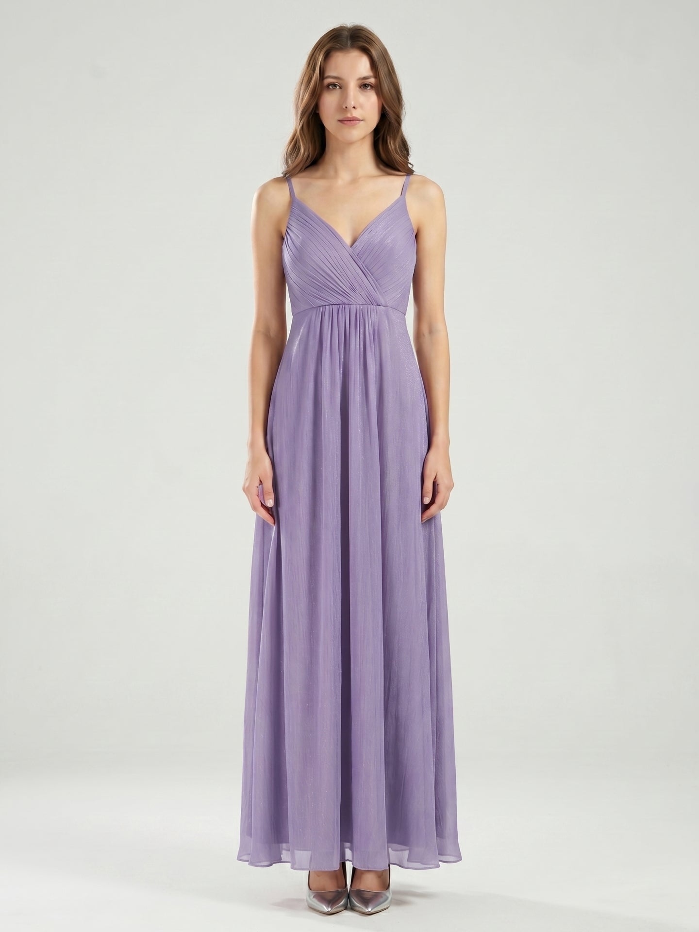 Mauve Chiffon A-Line V-Neck Backless Floor-Length Bridesmaid Dress with Pleats