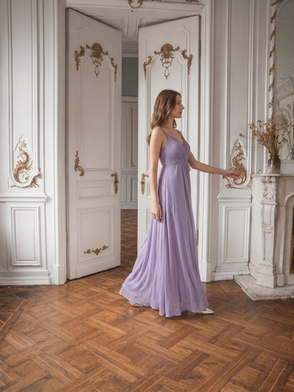 Mauve Chiffon A-Line V-Neck Backless Floor-Length Bridesmaid Dress with Pleats