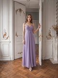Mauve Chiffon A-Line V-Neck Backless Floor-Length Bridesmaid Dress with Pleats