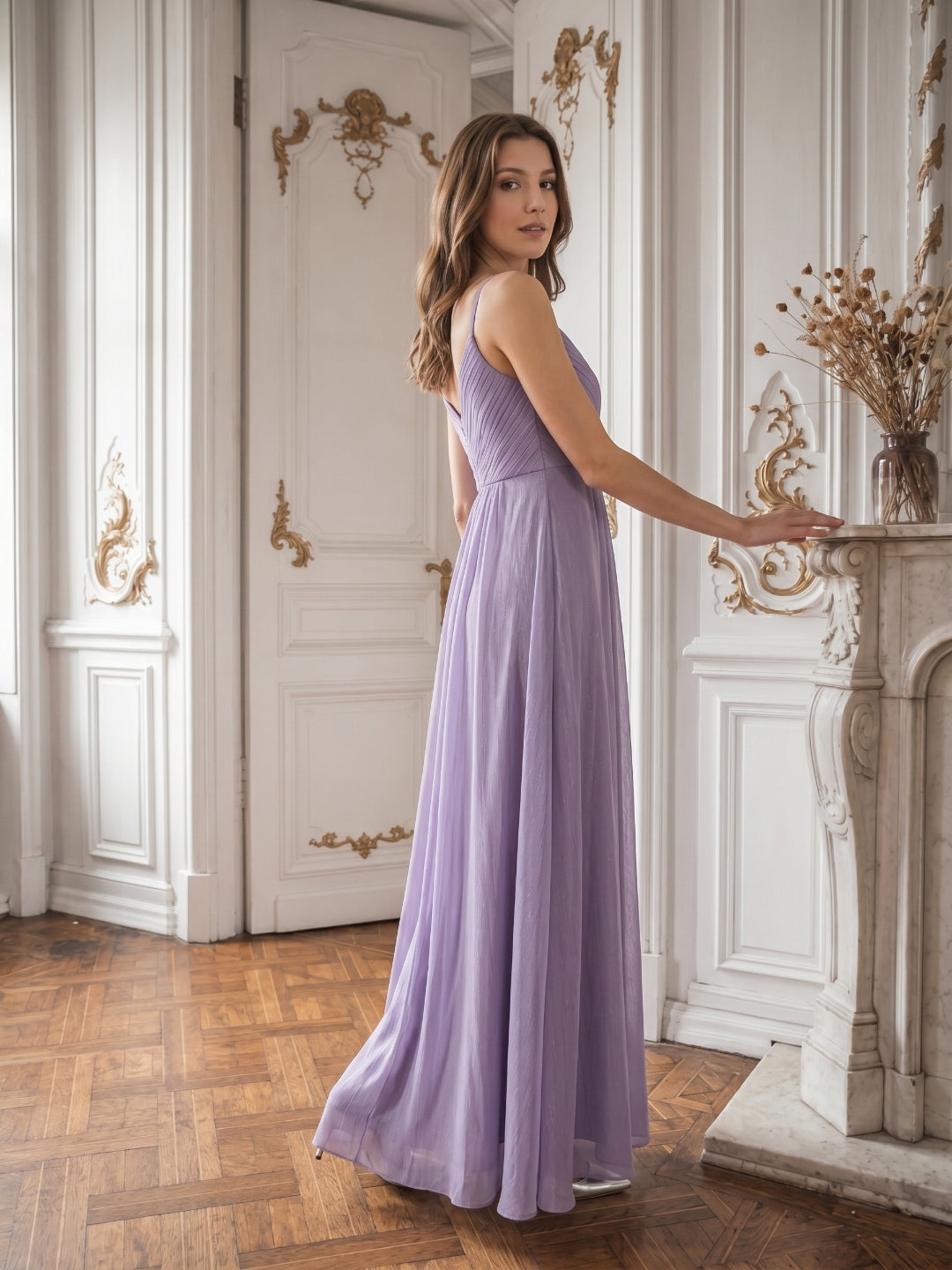 Mauve Chiffon A-Line V-Neck Backless Floor-Length Bridesmaid Dress with Pleats