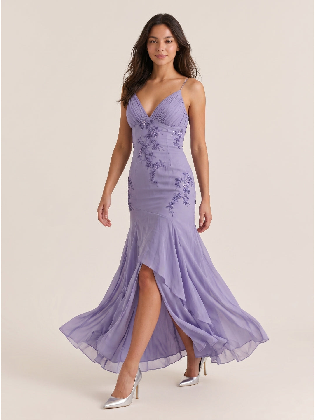 Mauve Chiffon A-Line V-Neck Criss-Cross Straps Floor-Length Prom Dress with Beading
